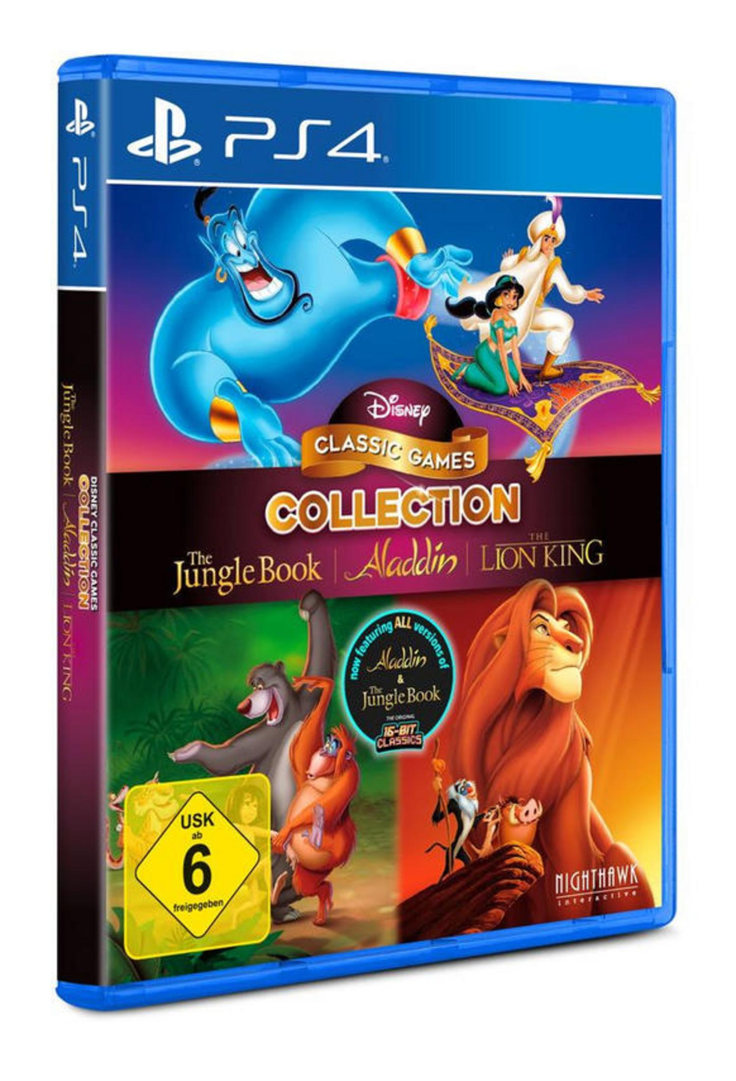 Boîte de jeu PS4 : Disney Classic Games Collection : Le Livre de la jungle, Aladdin et Le Roi Lion. Boîtier bleu.