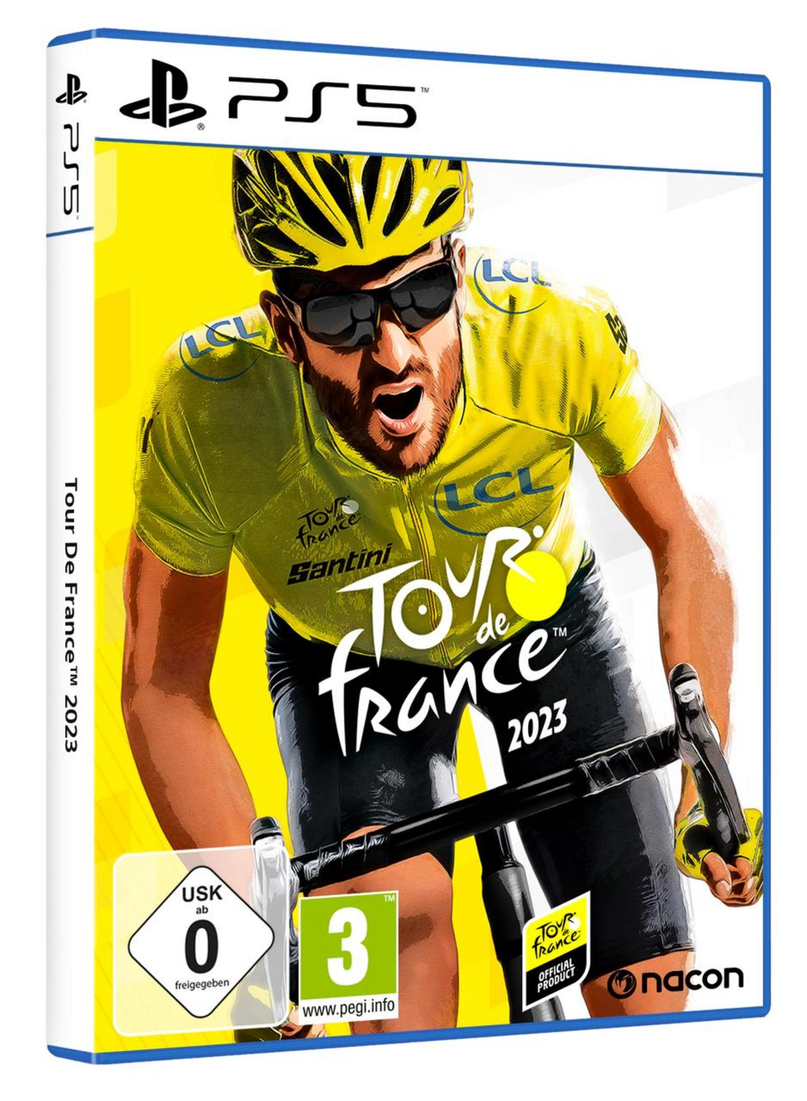 PS5-Spielcover. Tour de France 2023 mit Radfahrer im gelben Trikot, Bewertung USK 0 unten.
