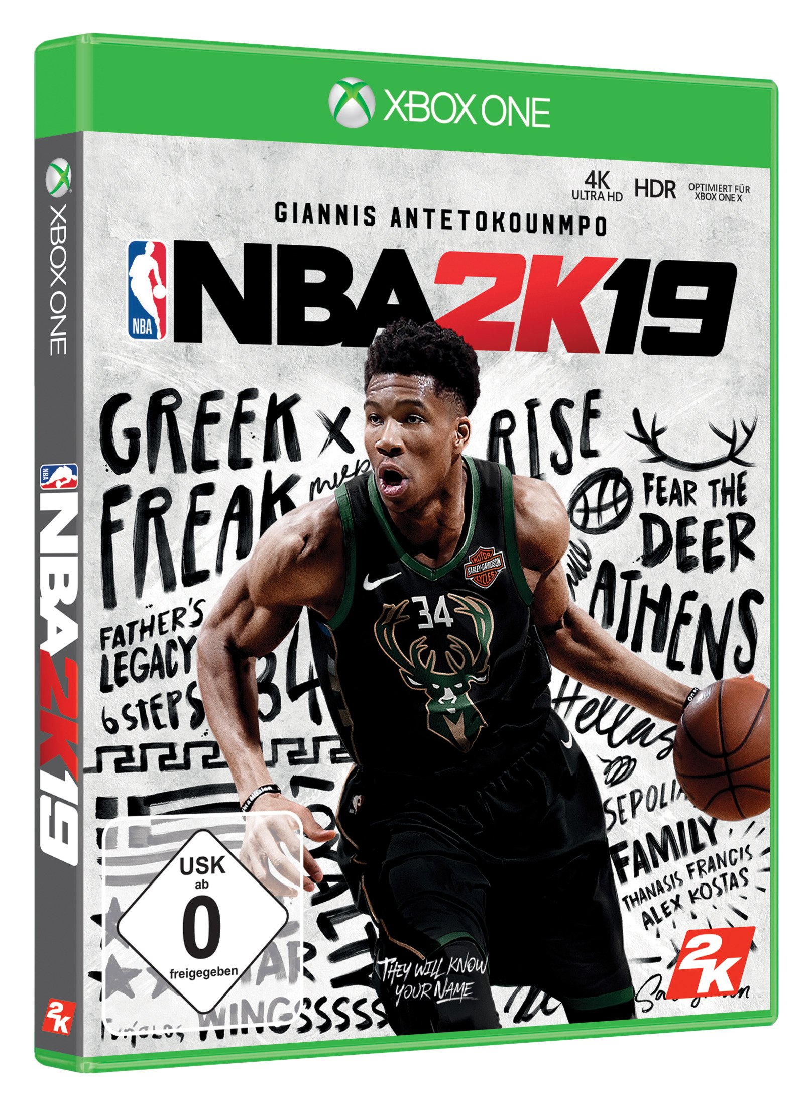 NBA 2K19 Spielcover, Giannis Antetokounmpo auf dem Feld, hält Ball.