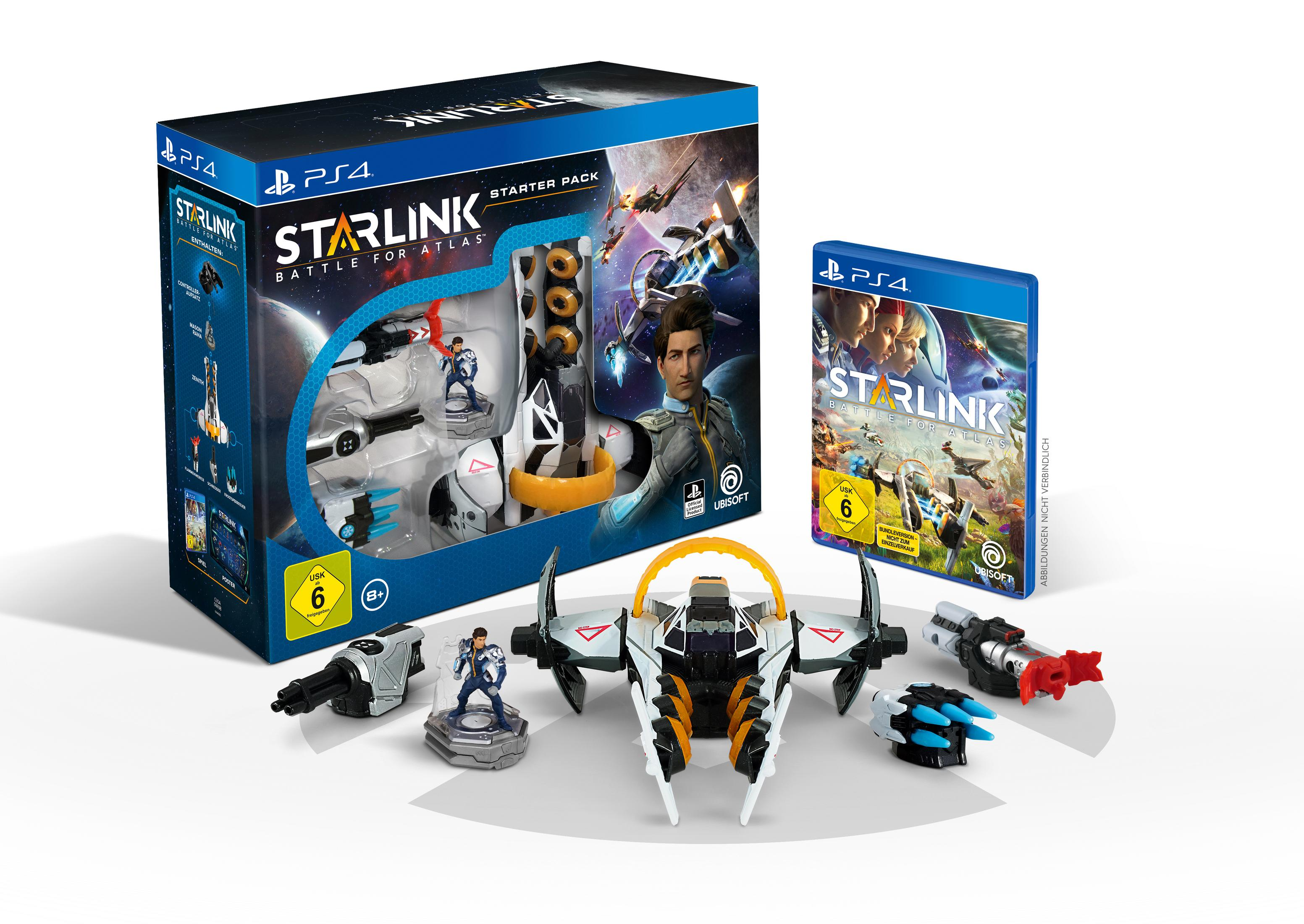 Starlink: Battle for Atlas PS4 Starterpack. Enthält Spiel, Spielzeug und eine Box mit einem Charakter auf dem Cover.