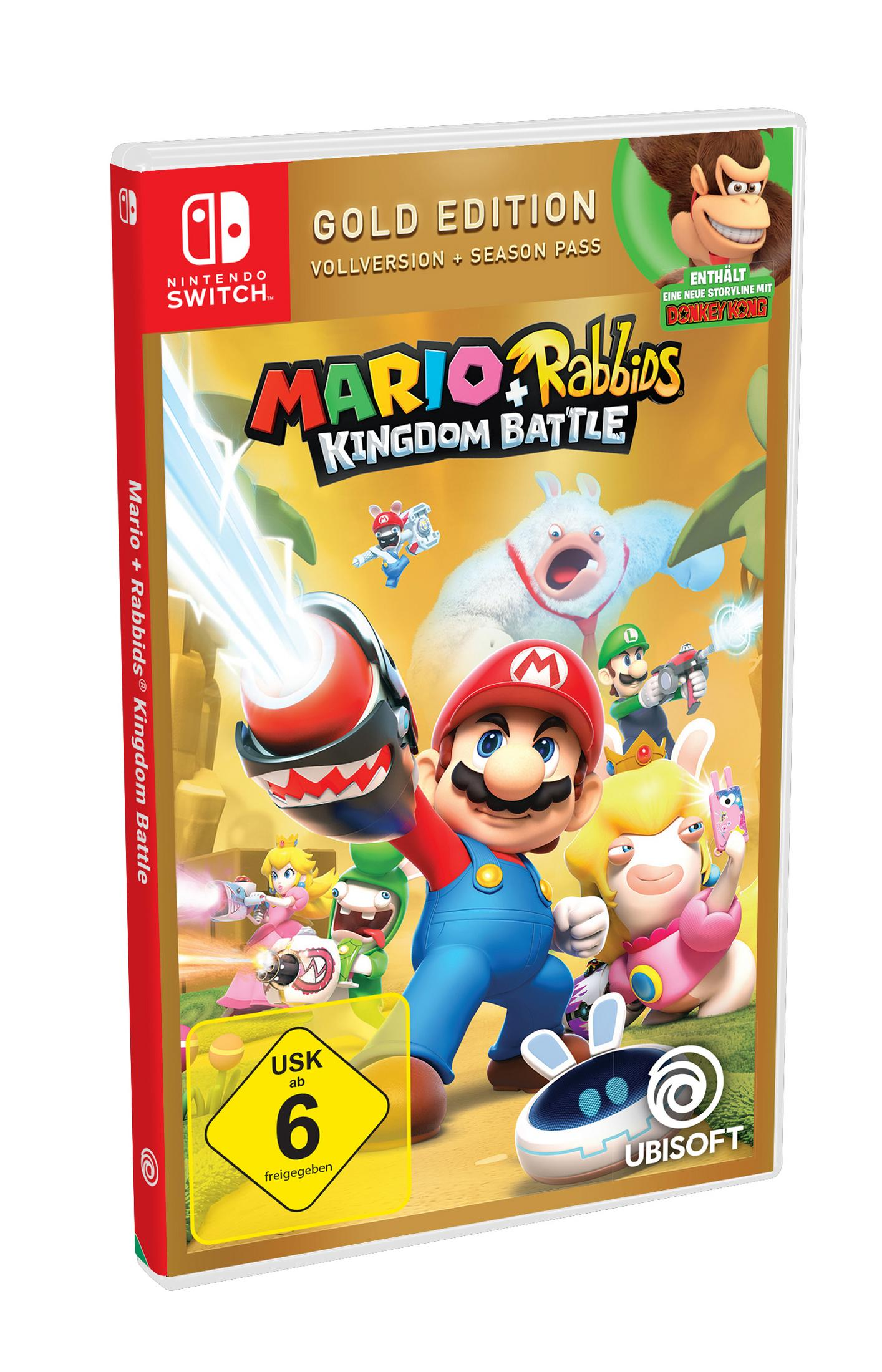 Mario + Rabbids Kingdom Battle Spielhülle. Zeigt Mario und Rabbids mit einem USK 6+ Label.