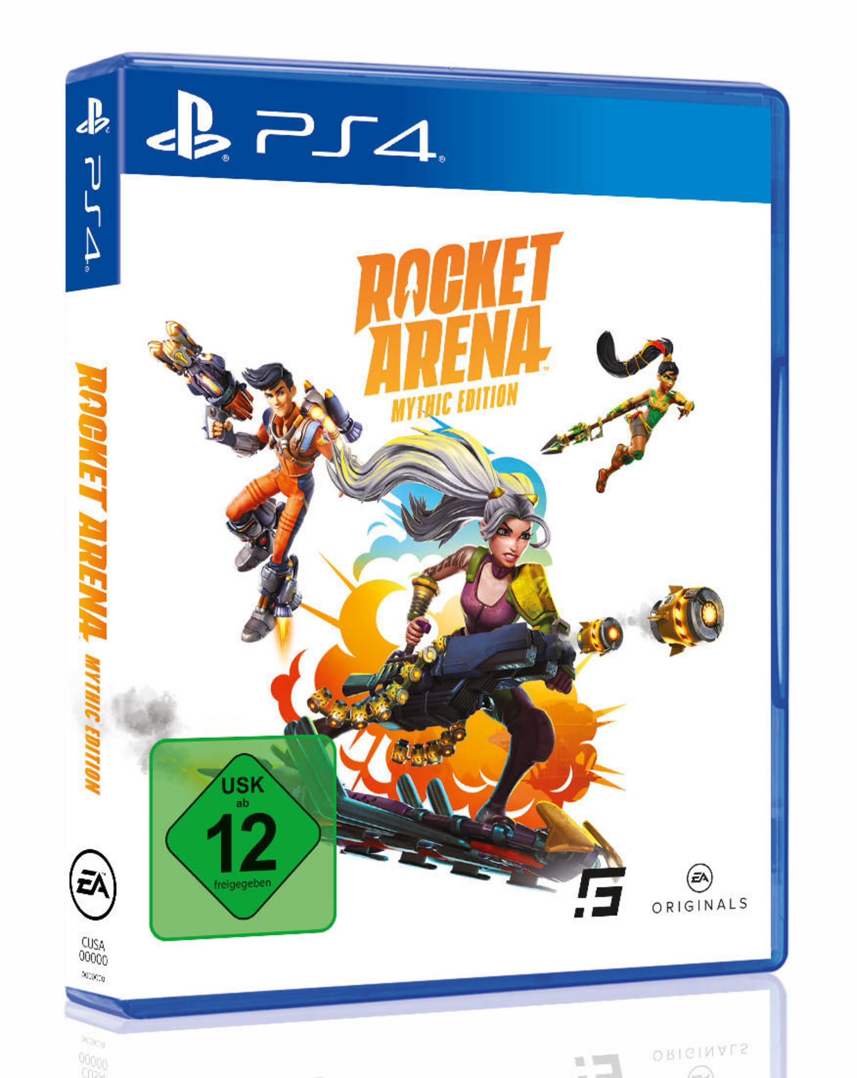 PS4-Spielbox. Charaktere mit Waffen auf dem Cover. Titel: Rocket Arena, Mythic Edition.