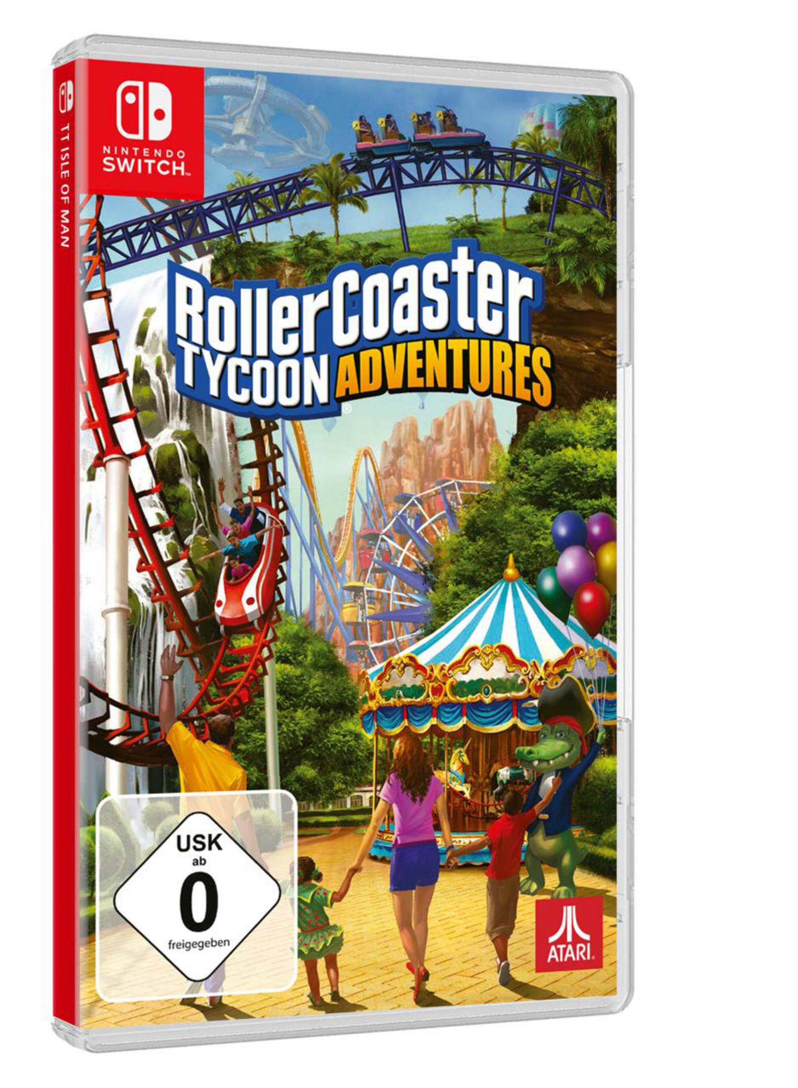 RollerCoaster Tycoon Adventures Switch-Spielbox mit einer Achterbahnszene.