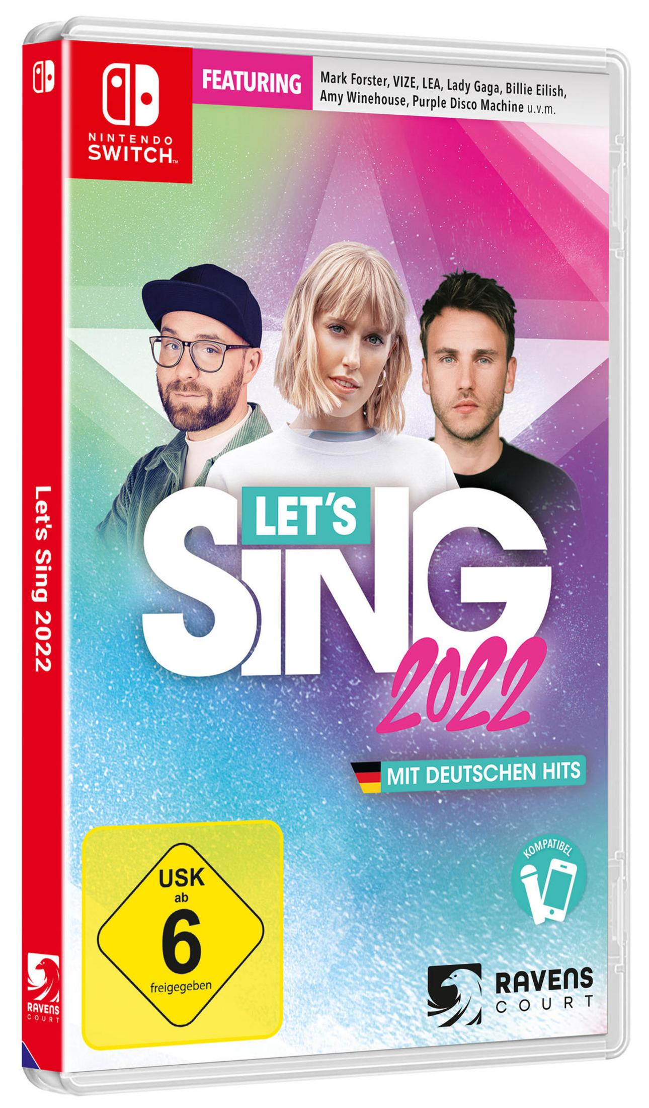 Eine Nintendo Switch Spielbox mit dem Titel Let's Sing 2022. Enthält Künstler auf dem Cover.