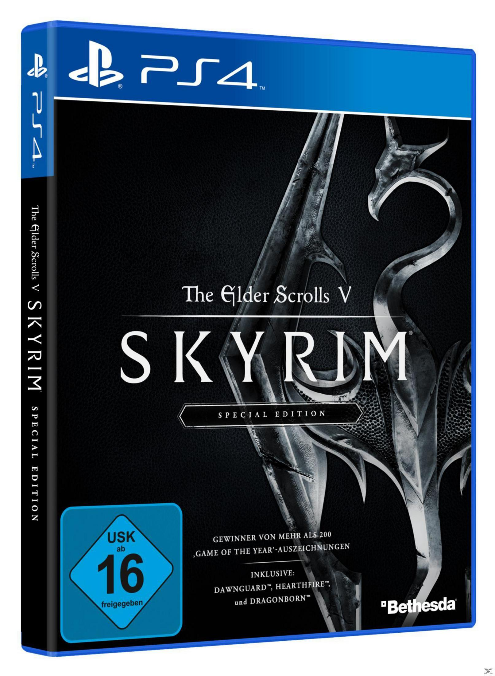 Spielcover für PS4: The Elder Scrolls V Skyrim. Drachen- und Schwertdesign. Special Edition Text und Bewertung.