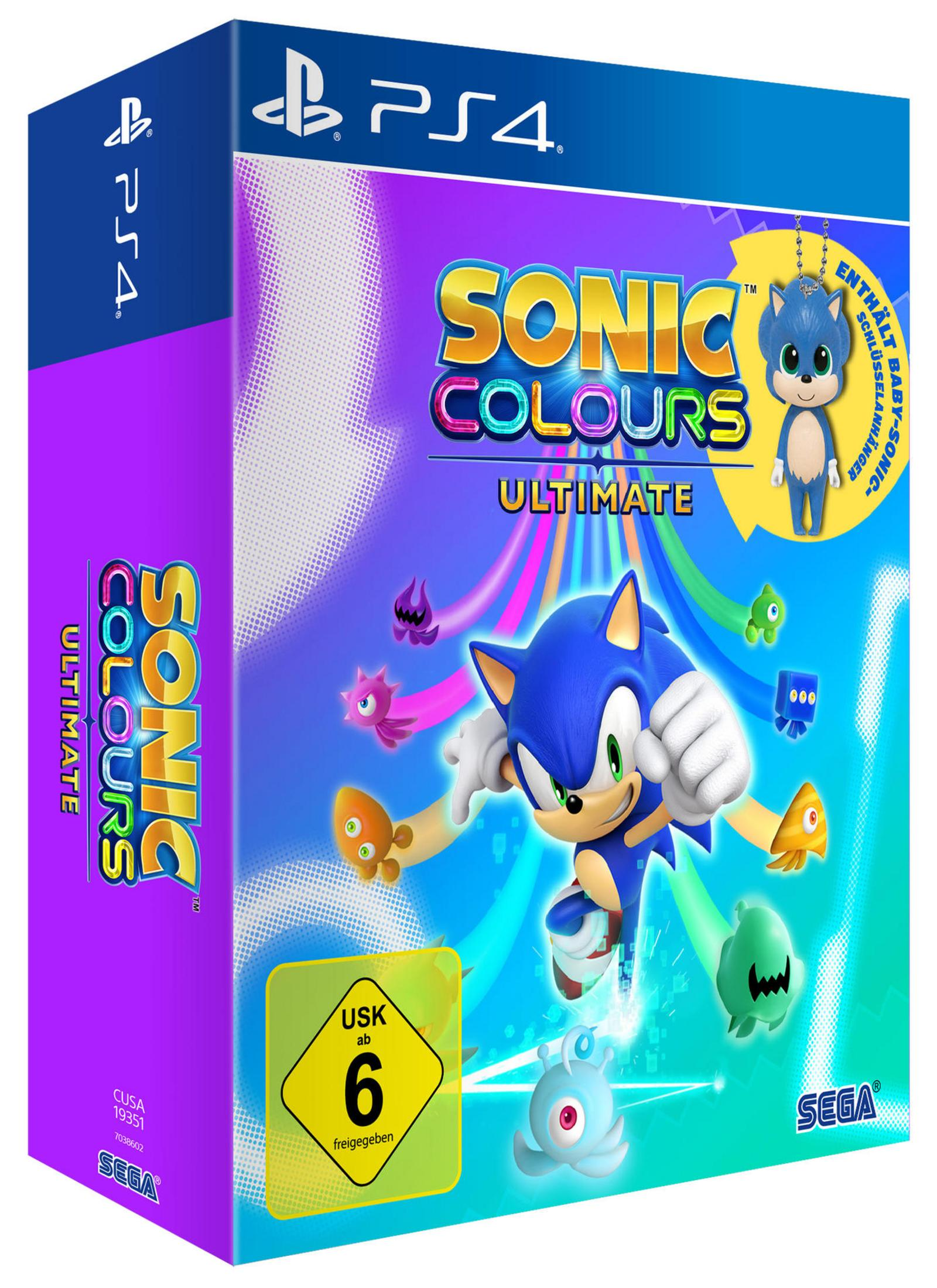 PS4-Spielverpackung für Sonic Colors Ultimate. Sonic auf dem Cover. Lila Hintergrund mit Charakteren.