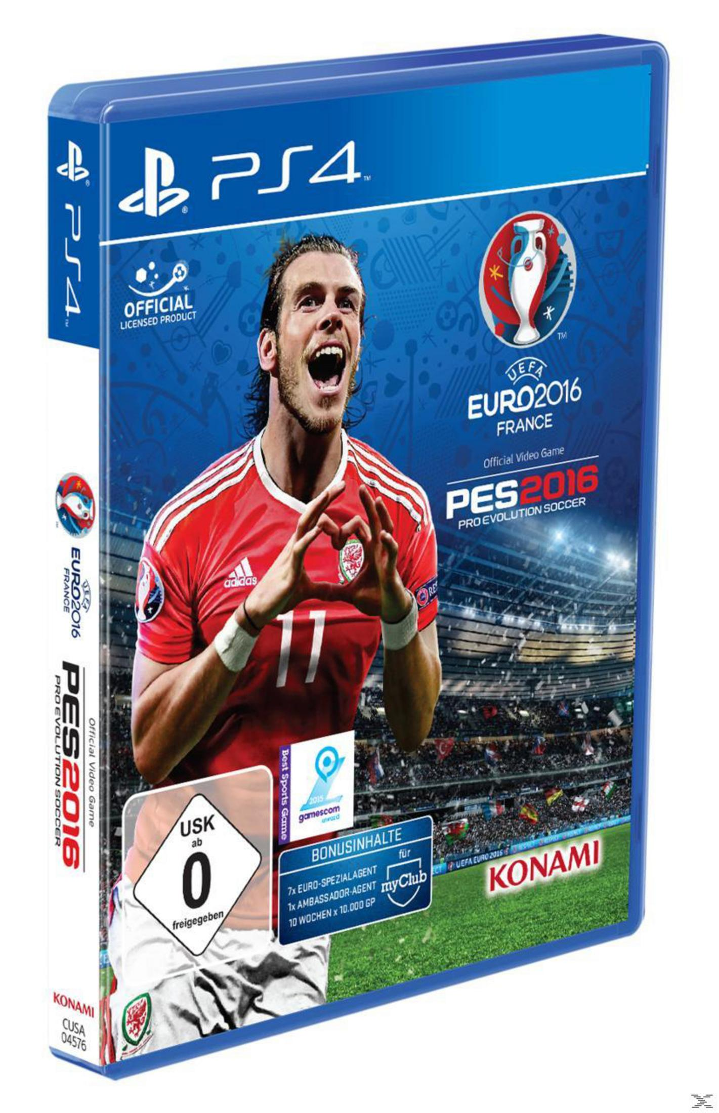 PS4-Spielbox. PES 2016 mit einem Fußballspieler auf dem Cover, mit dem UEFA Euro-Logo.