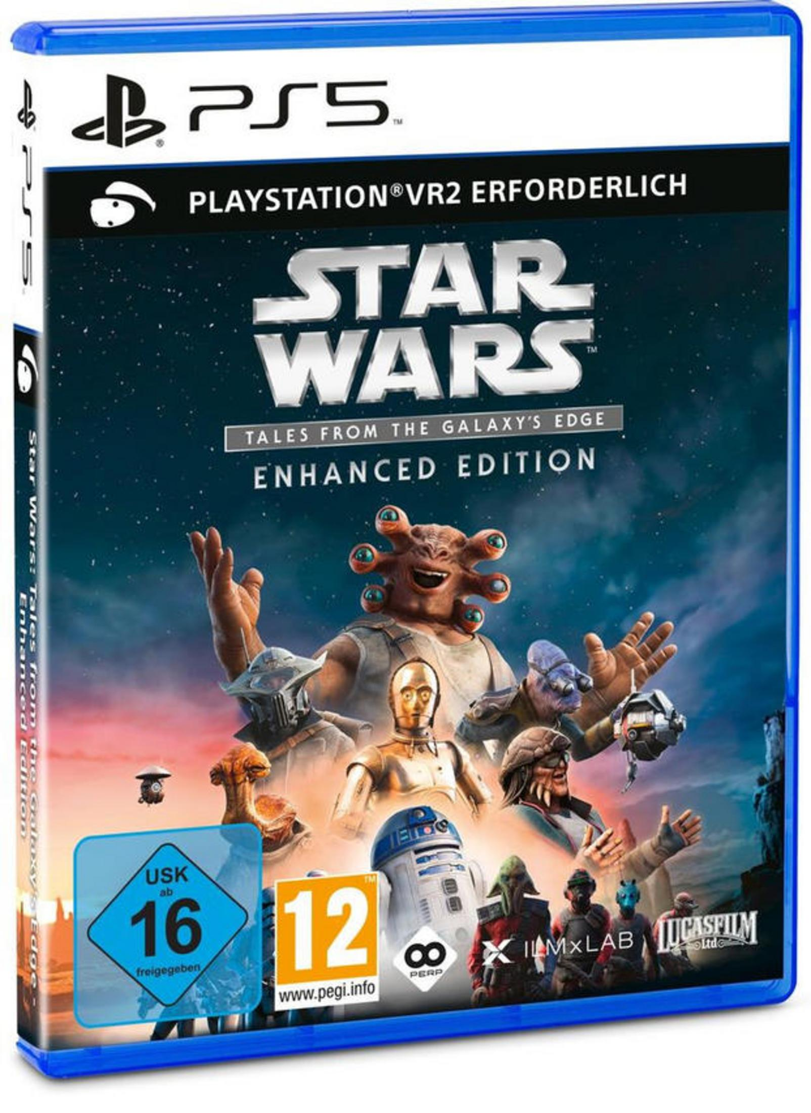 Star Wars Tales from the Galaxy's Edge Spielbox. Charaktere und Titel auf blauem Hintergrund. PS5 Logo.