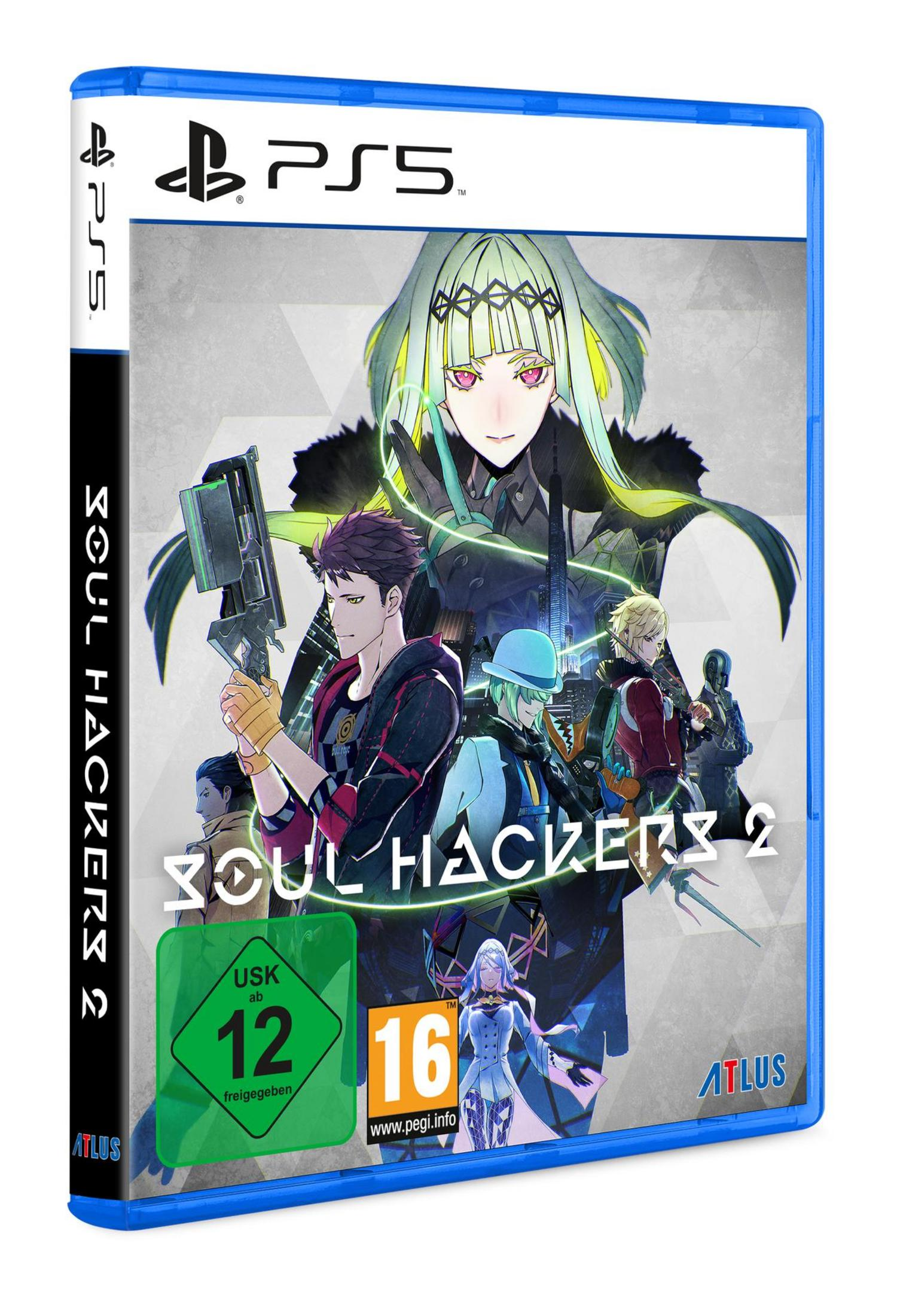 PS5-Spielhülle für Soul Hackers 2. Das Cover zeigt Anime-Charaktere. Eine USK-Bewertung wird angezeigt.