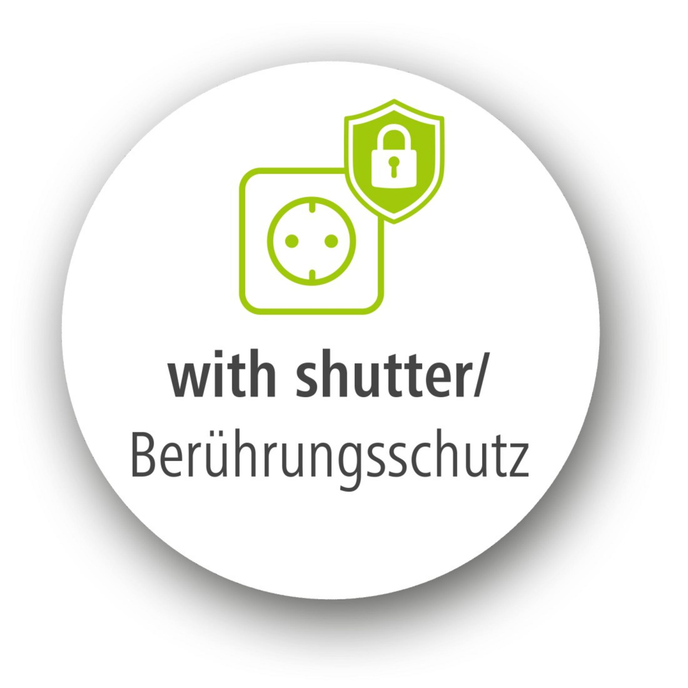 Białe koło z zielonym symbolem gniazda i tekstem: with shutter/Berührungsschutz.