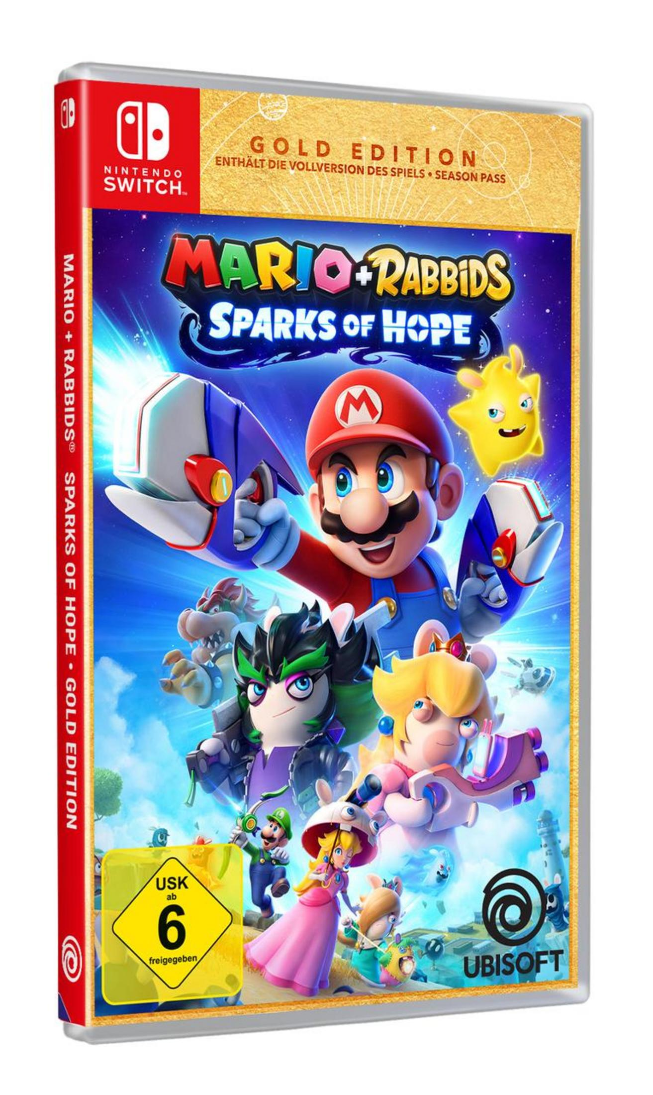 Mario + Rabbids Sparks of Hope Spielhülle, Gold Edition, mit Spielfiguren.