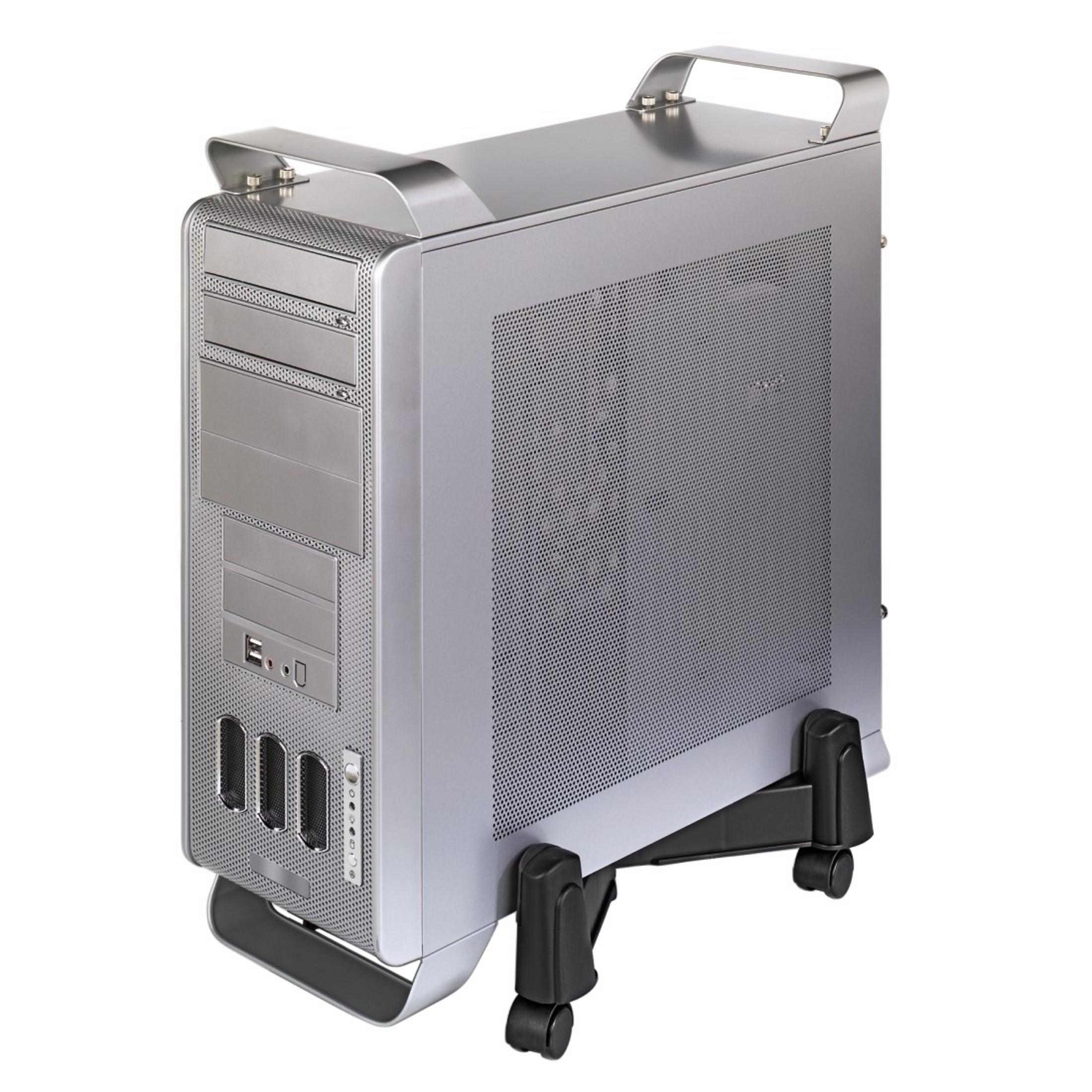 Srebrna obudowa komputera na czarnym stojaku na kółkach z uchwytem u góry.