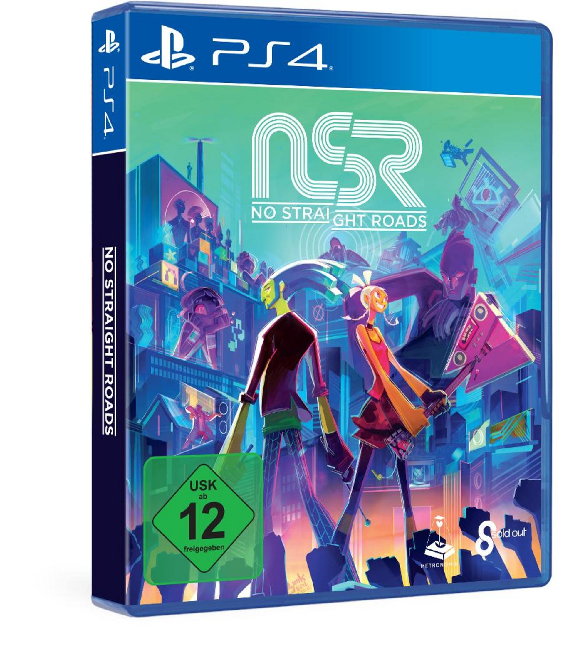 PS4-Spielbox für 'No Straight Roads'. Enthält farbenfrohe Charaktere und den Spieletitel auf dem Cover.