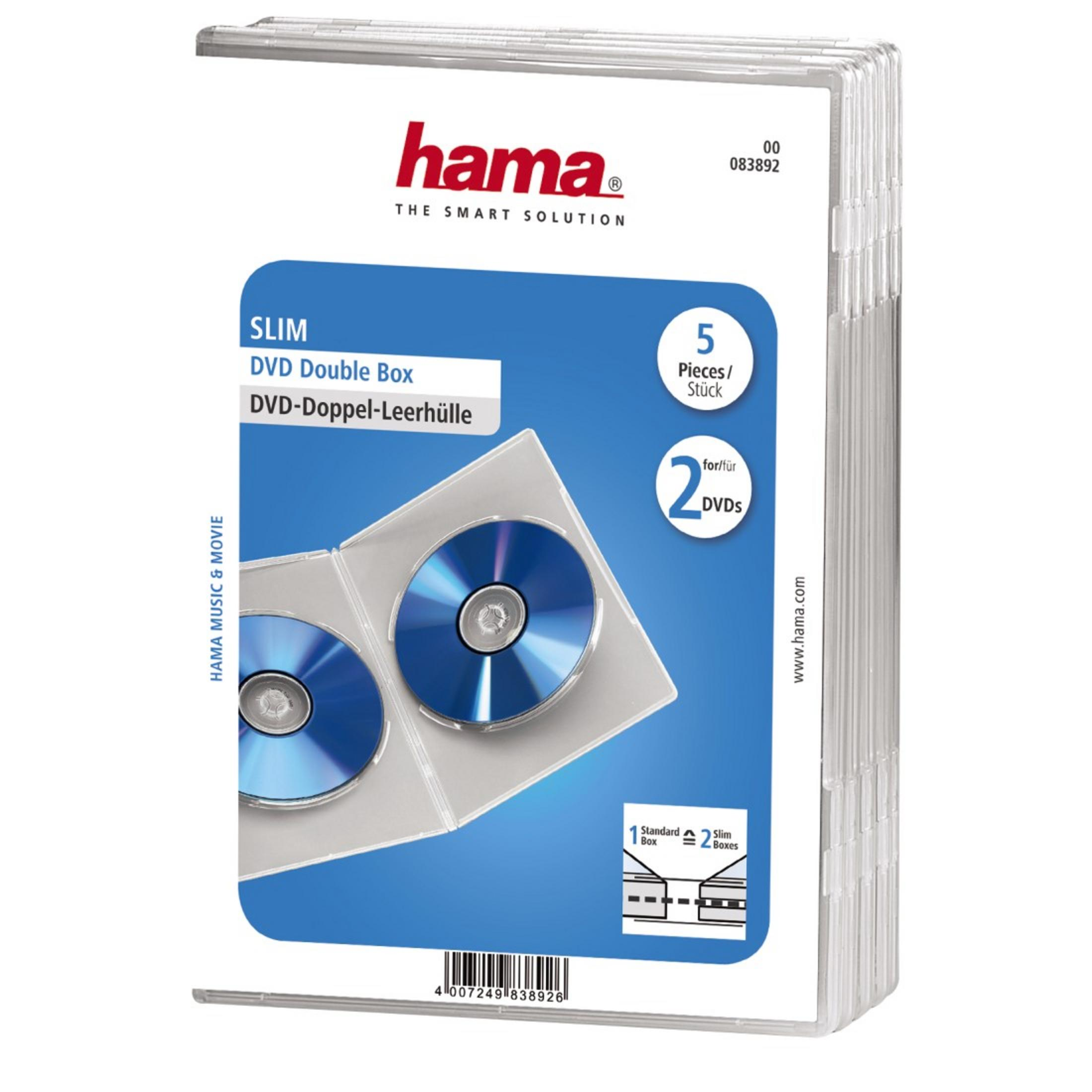 Schlanke DVD-Doppelbox. Enthält 2 DVDs, mit dem Hama-Logo auf der Vorderseite. Weißer Hintergrund.