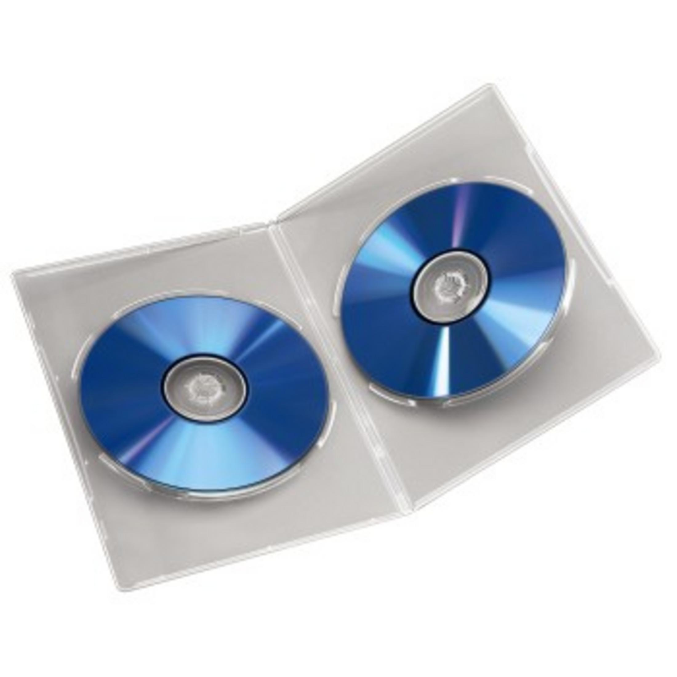 Zwei blaue CDs in einer transparenten Kunststoffhülle. Die Hülle ist geöffnet und zeigt die CDs.