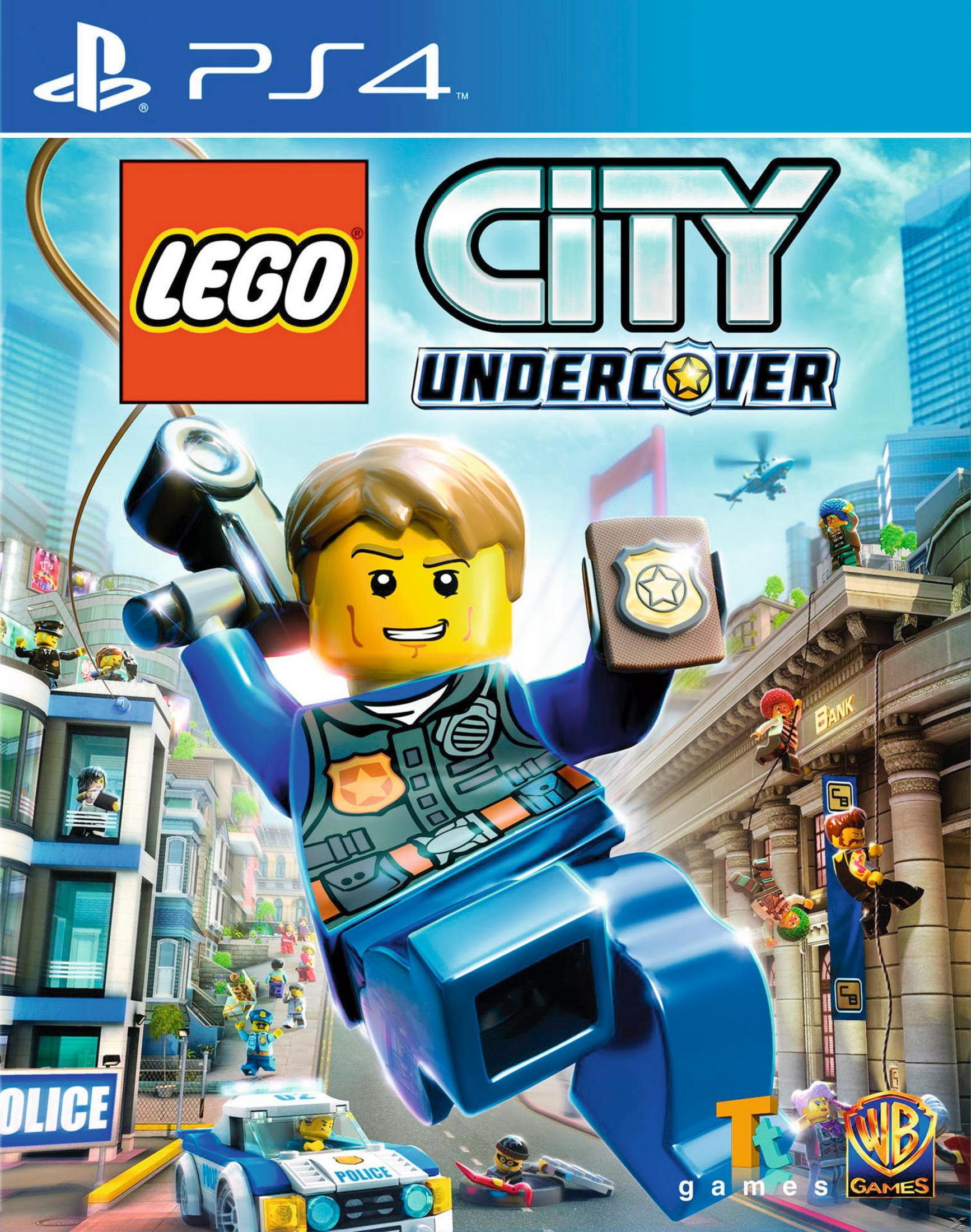LEGO City Undercover Spielbox. Ein LEGO-Polizist hält eine Plakette auf einem Stadt-Hintergrund.
