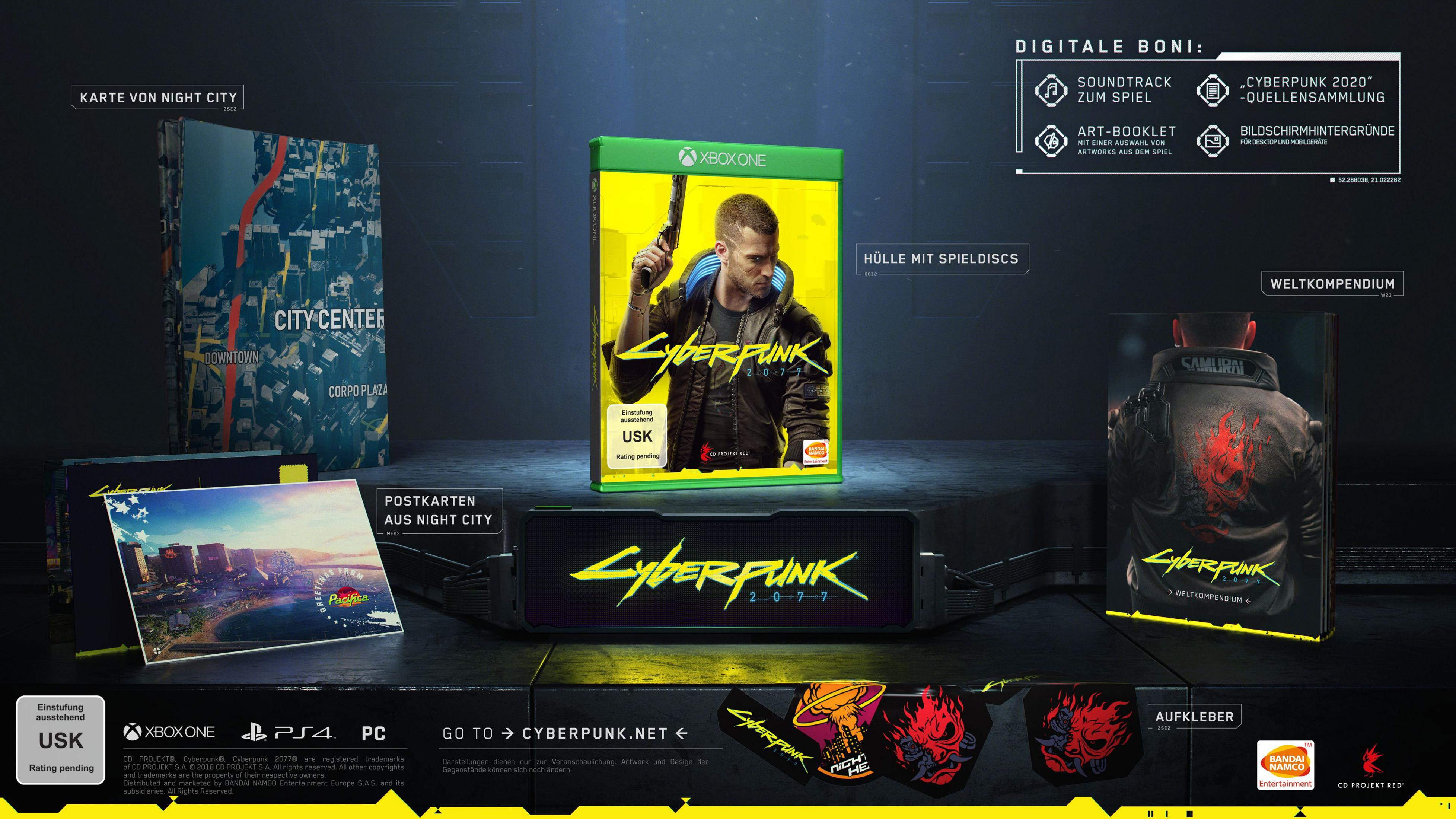 Obraz promocyjny Cyberpunk 2077. Okładka gry i dodatki, mapa, naklejki i inne.