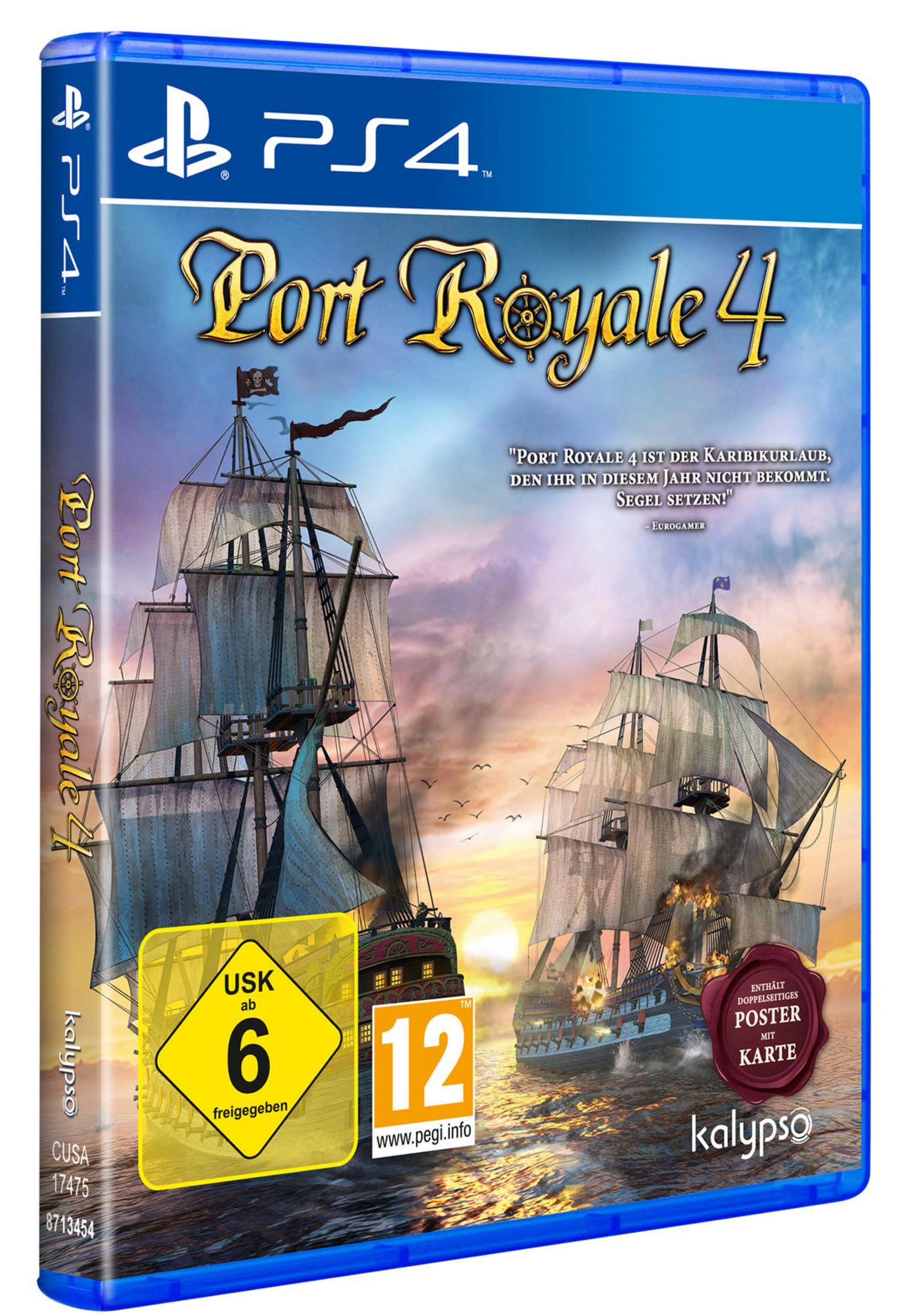 PS4-Spielcover für Port Royale 4, mit Schiffen auf See.