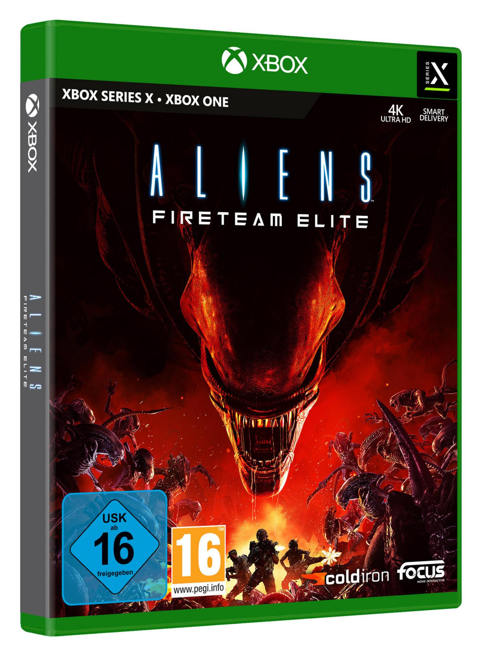 Aliens Fireteam Elite Spielbox. Ein Alien-Gesicht und Soldaten auf dunkelrotem Hintergrund. Xbox Logo.