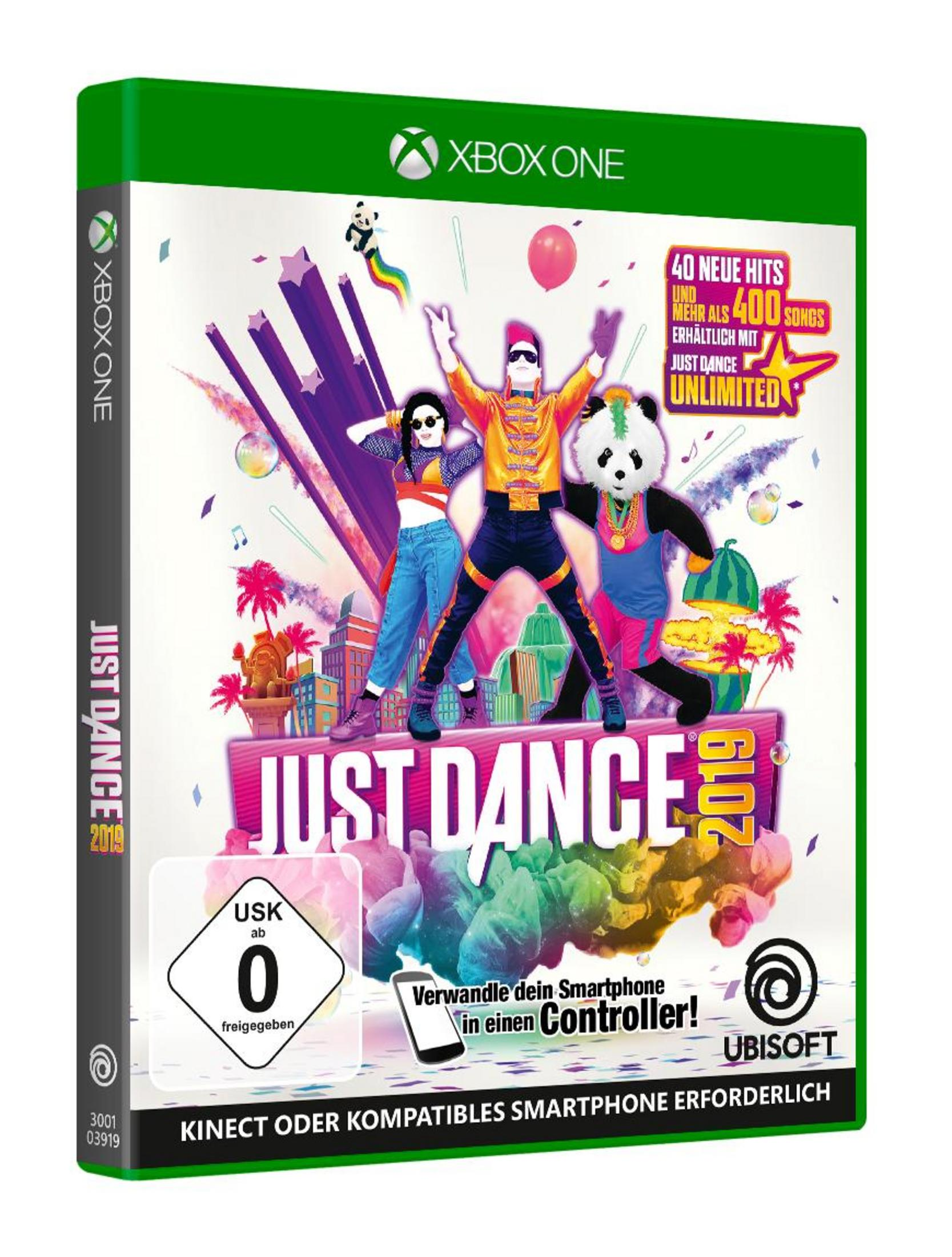 Just Dance 2019 Xbox One Spielbox, tanzende Figuren, farbenfrohes Design, grüner Hintergrund.