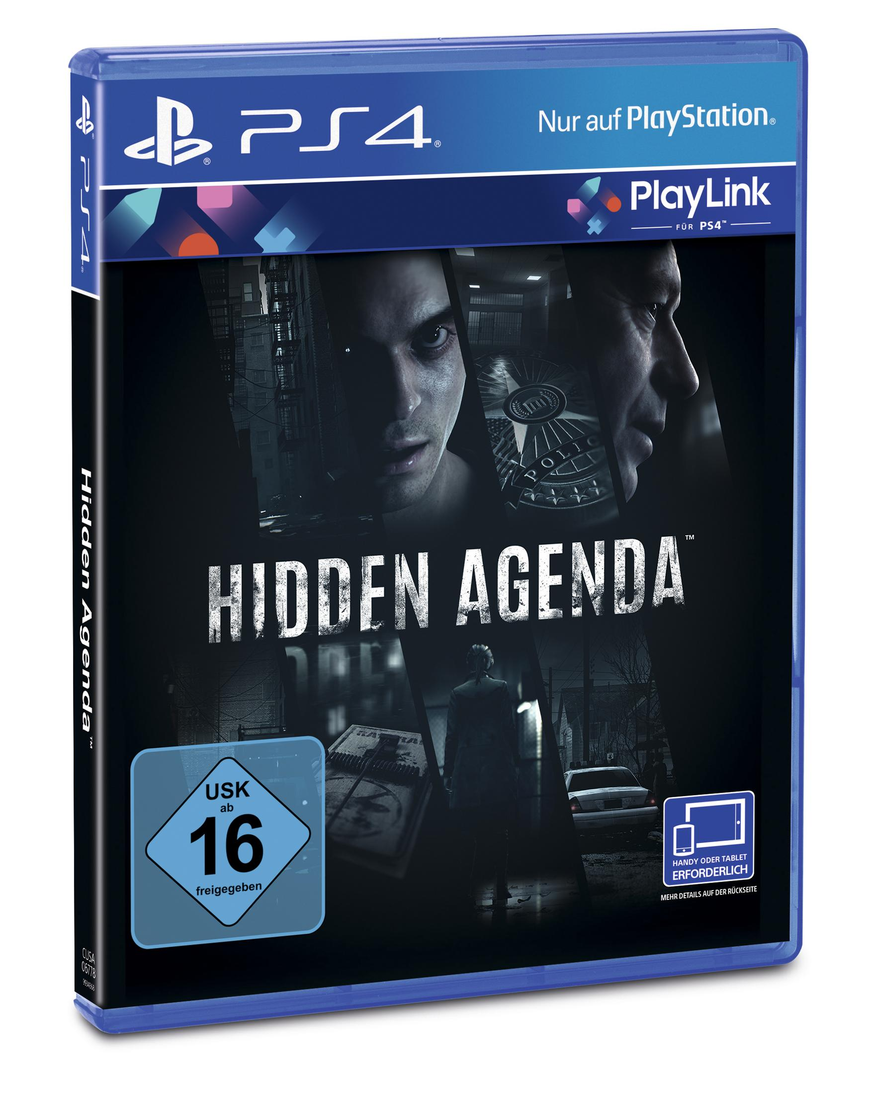 PS4-Spielbox: Hidden Agenda, Gesichter von Charakteren werden gezeigt, mit düsterem, unheilvollem Setting.