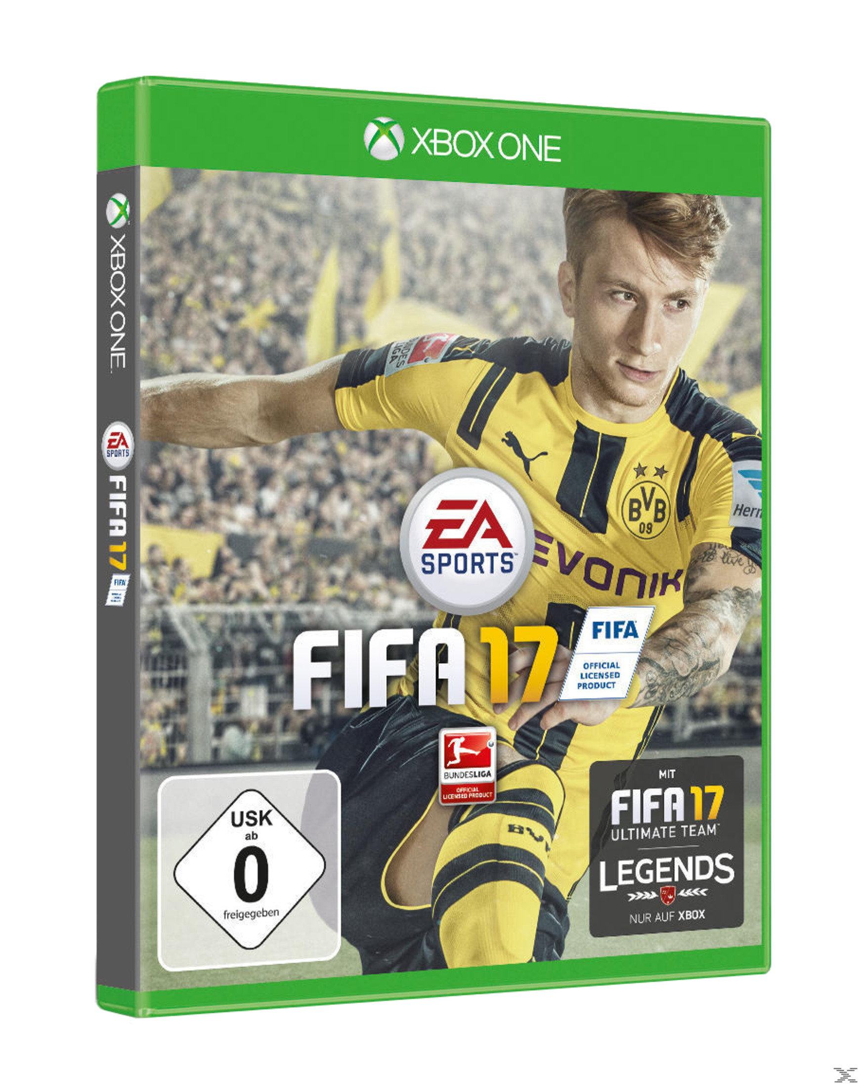 FIFA 17-Spielcover mit einem Spieler in gelbem Trikot und dem Xbox One-Logo.