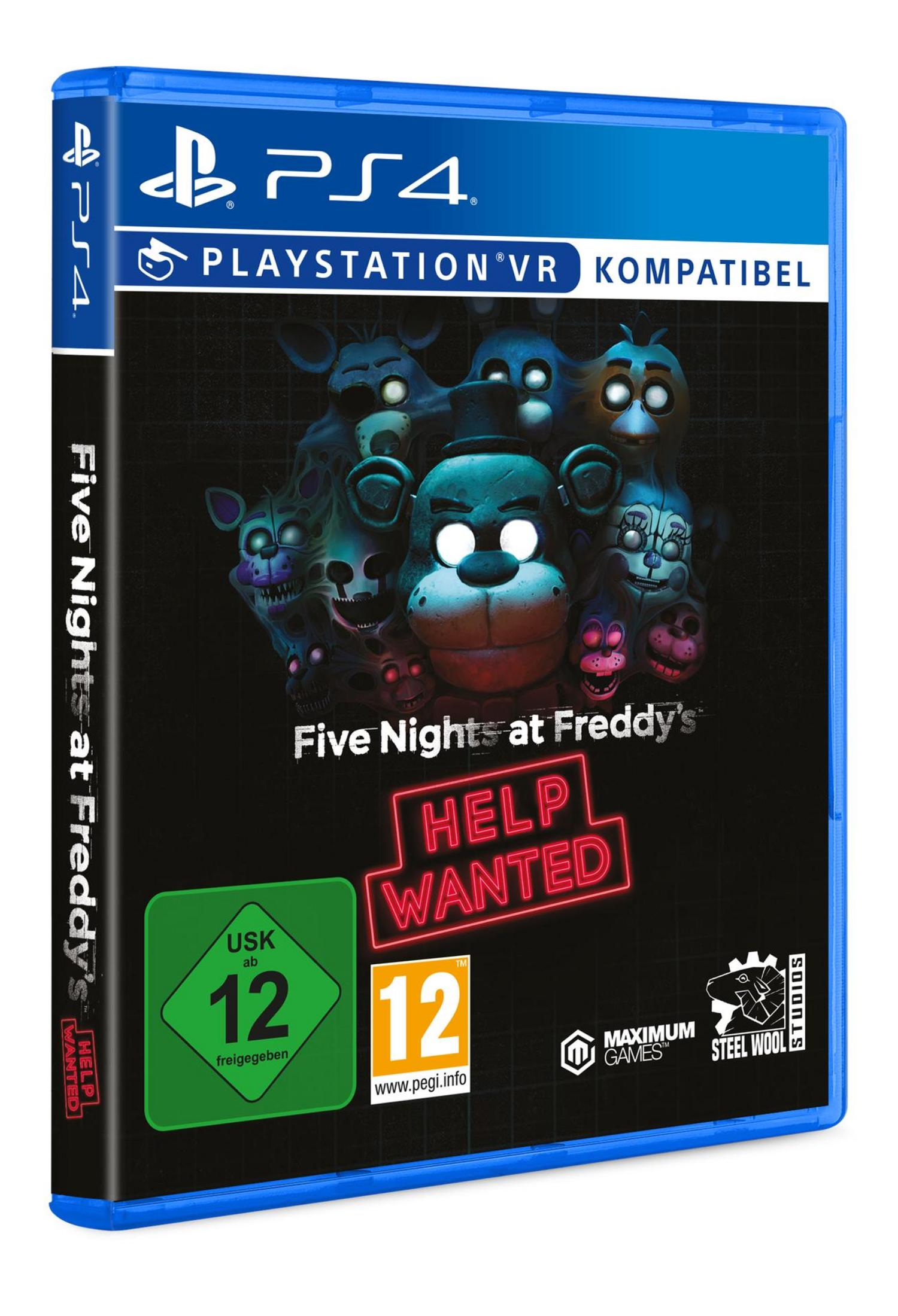 Scatola di gioco PS4: Five Nights at Freddy's: Help Wanted. Mostra Freddy Fazbear e altri animatronics.