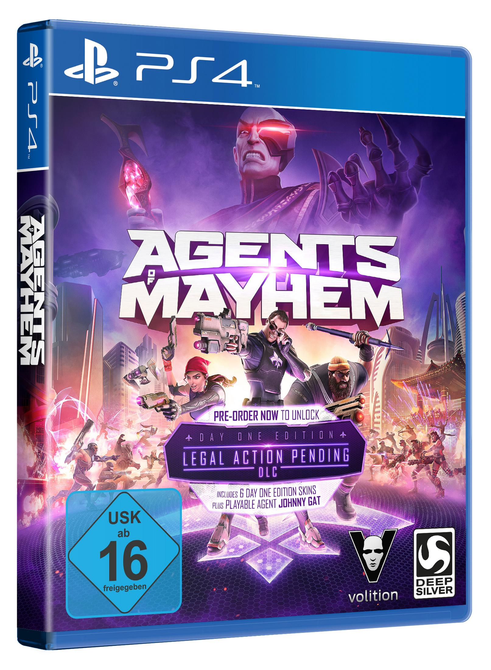 Eine Videospielverpackung für Agents of Mayhem, mit Charakteren und Logo.