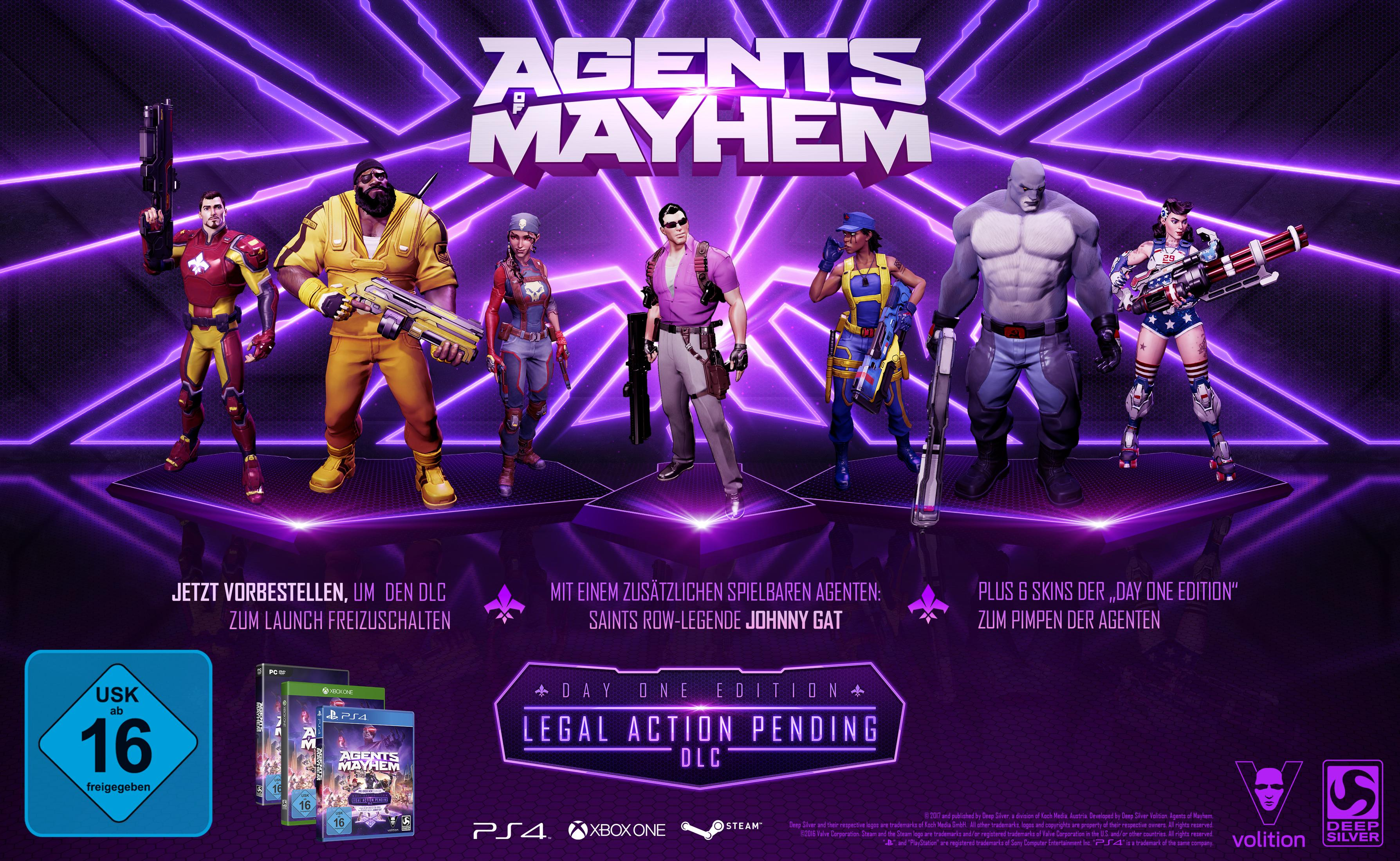 Agents of Mayhem Day One Edition Spielhülle. Charaktere und Spieldetails.
