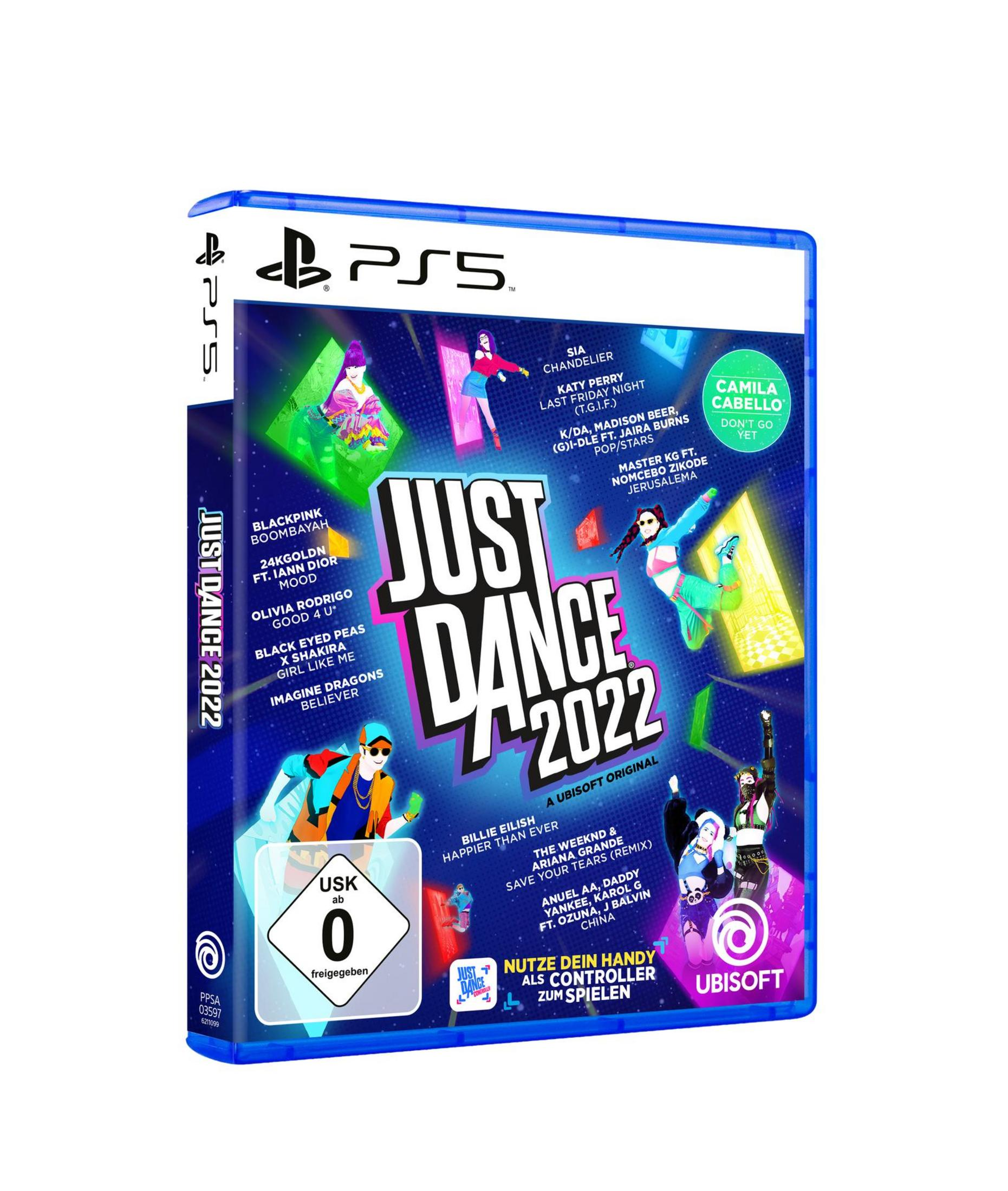 Just Dance 2022 Spielbox für PS5. Blauer Hintergrund mit tanzenden Menschen.
