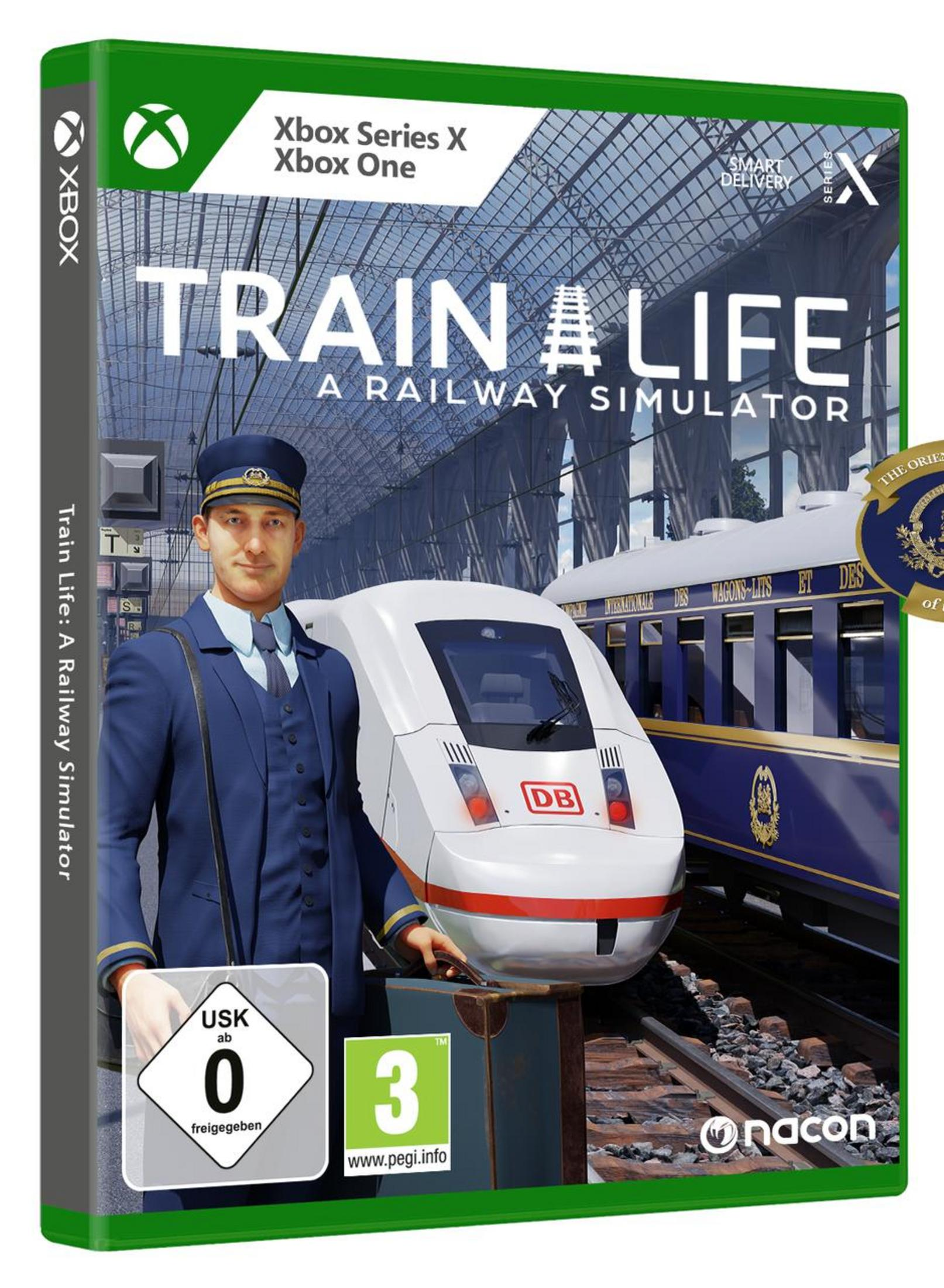 Spielbox für 'Train Life: A Railway Simulator'. Das Cover zeigt einen Schaffner und einen Zug.