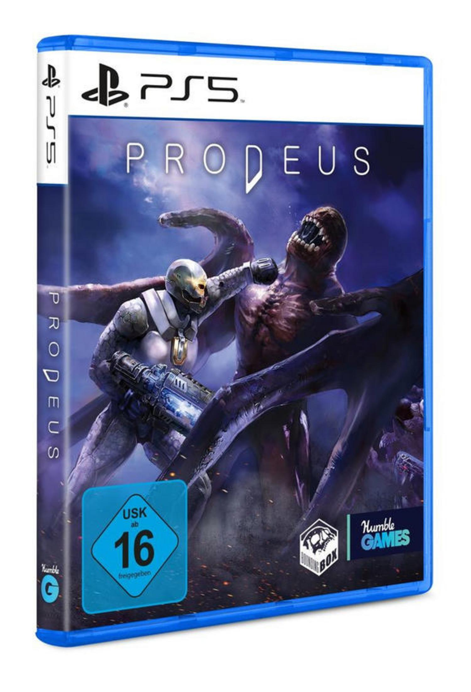 PS5-Spielhülle: Prodeus, zeigt einen futuristischen Soldaten, der gegen ein Monster kämpft.