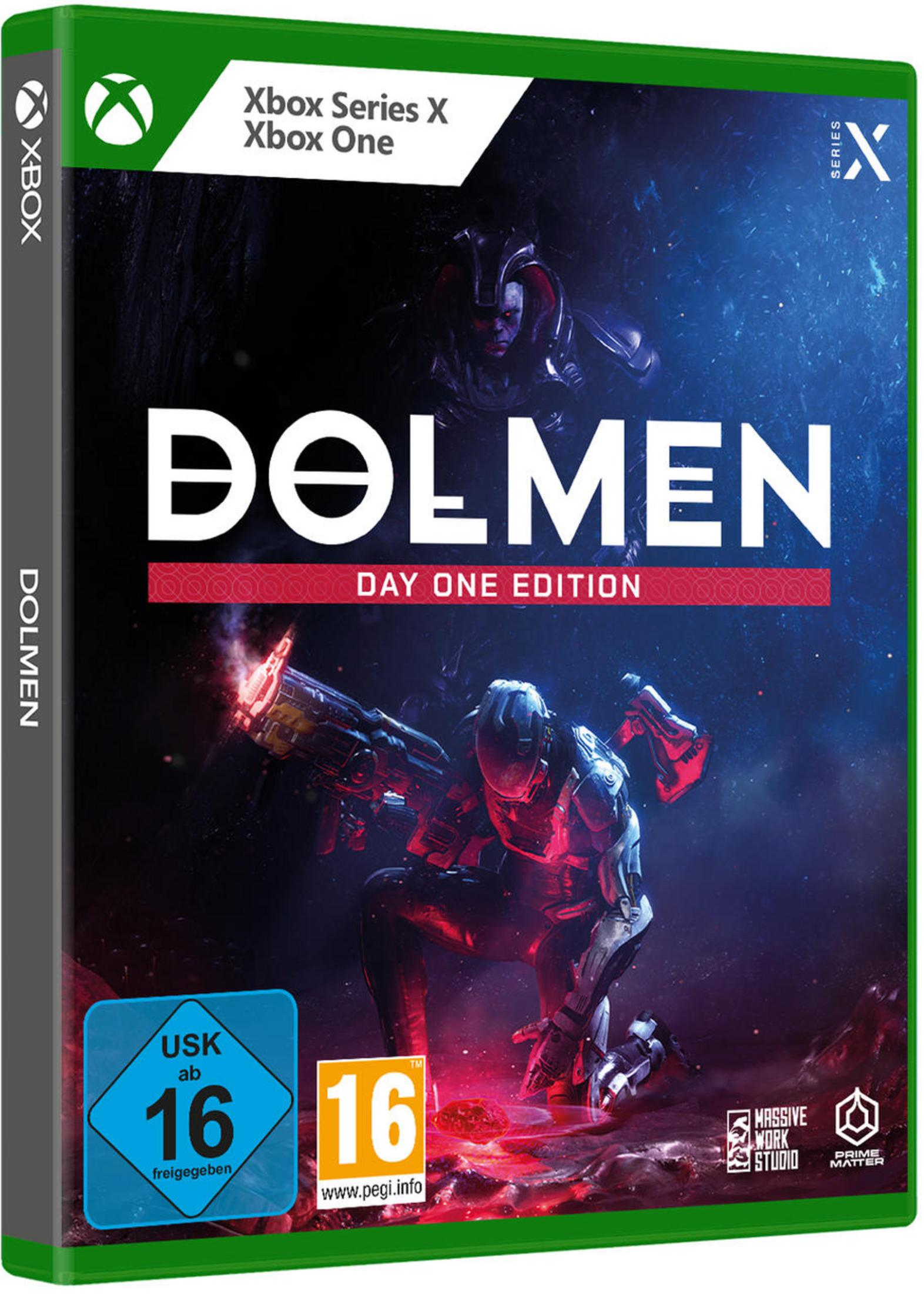 Dolmen Day One Edition Spielbox für Xbox Series X/Xbox One. Cover zeigt eine Sci-Fi-Szene.