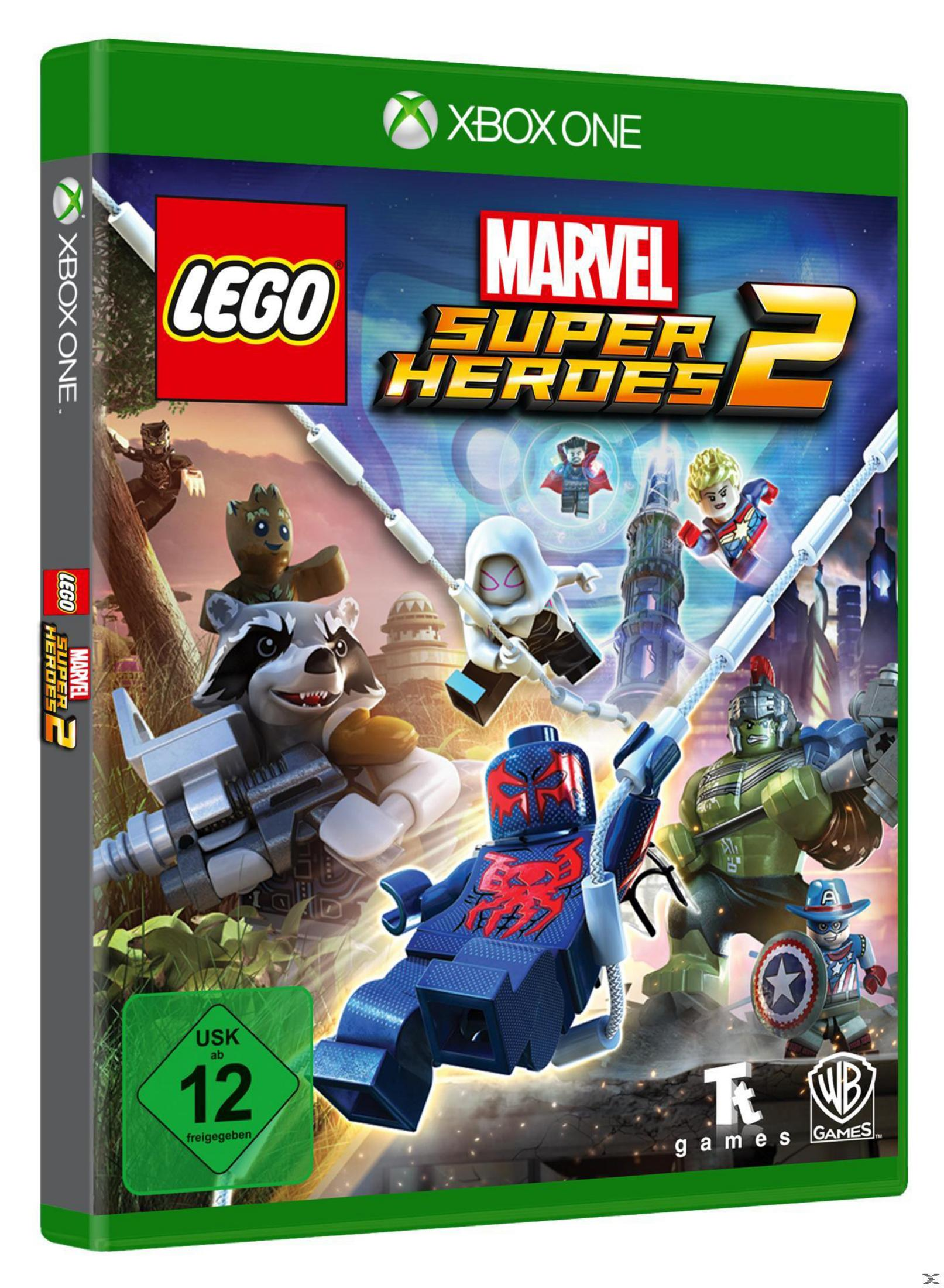 Lego Marvel Super Heroes 2 Xbox One Spielbox mit Lego-Charakteren.