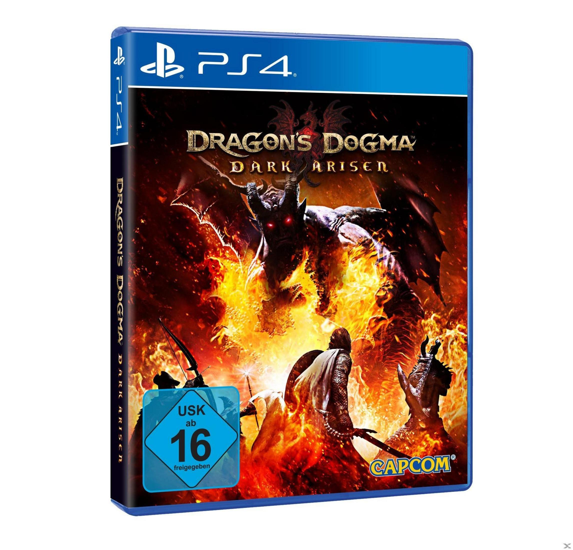 Videospiel-Box-Art für Dragon's Dogma: Dark Arisen. Ein Drache und Charaktere sind abgebildet.