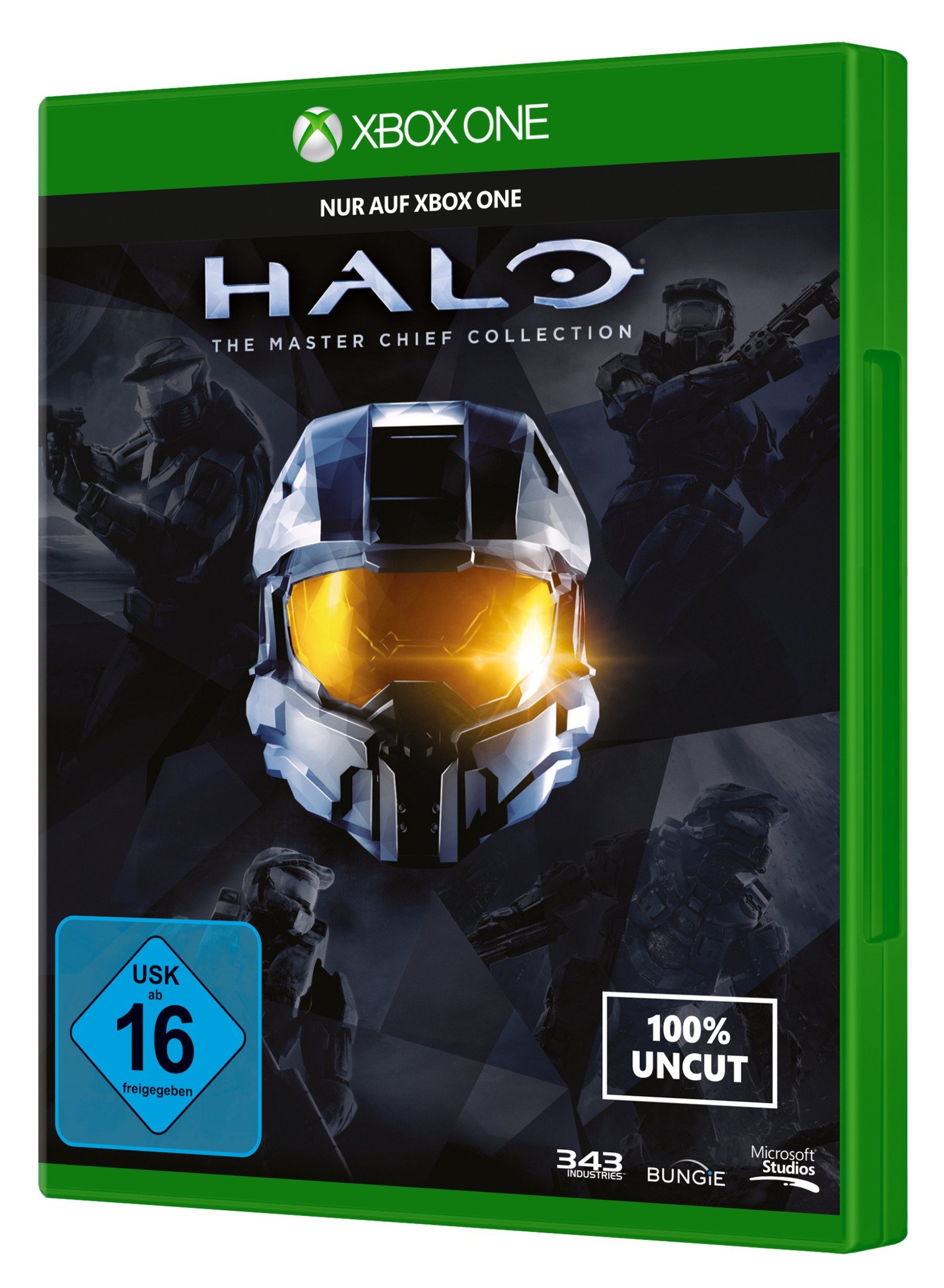 Spielbox für Halo: The Master Chief Collection, mit Nahaufnahme eines Spartan-Helms.