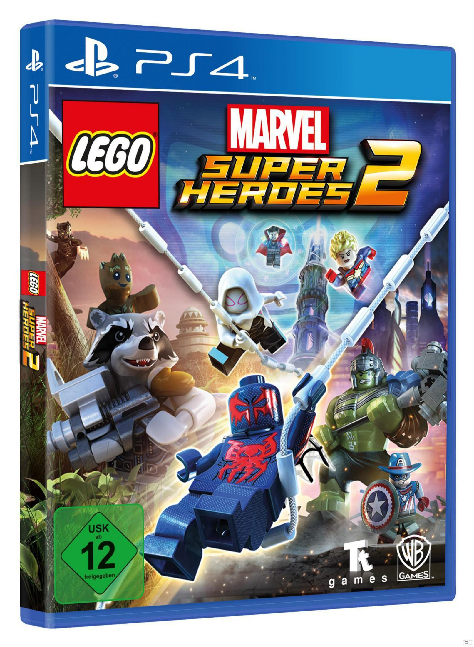 PS4-Spielcover. LEGO Marvel Super Heroes 2 mit Lego-Figuren in Aktion, USK 12-Bewertung unten.