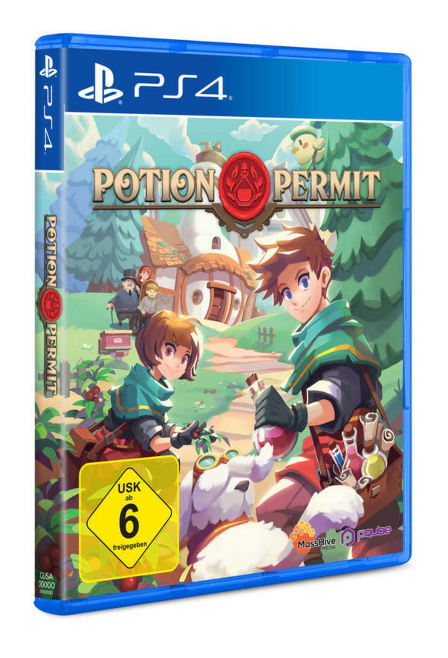 Potion Permit PS4-Spielhülle. Anime-Kunst von Charakteren in einer Waldumgebung.