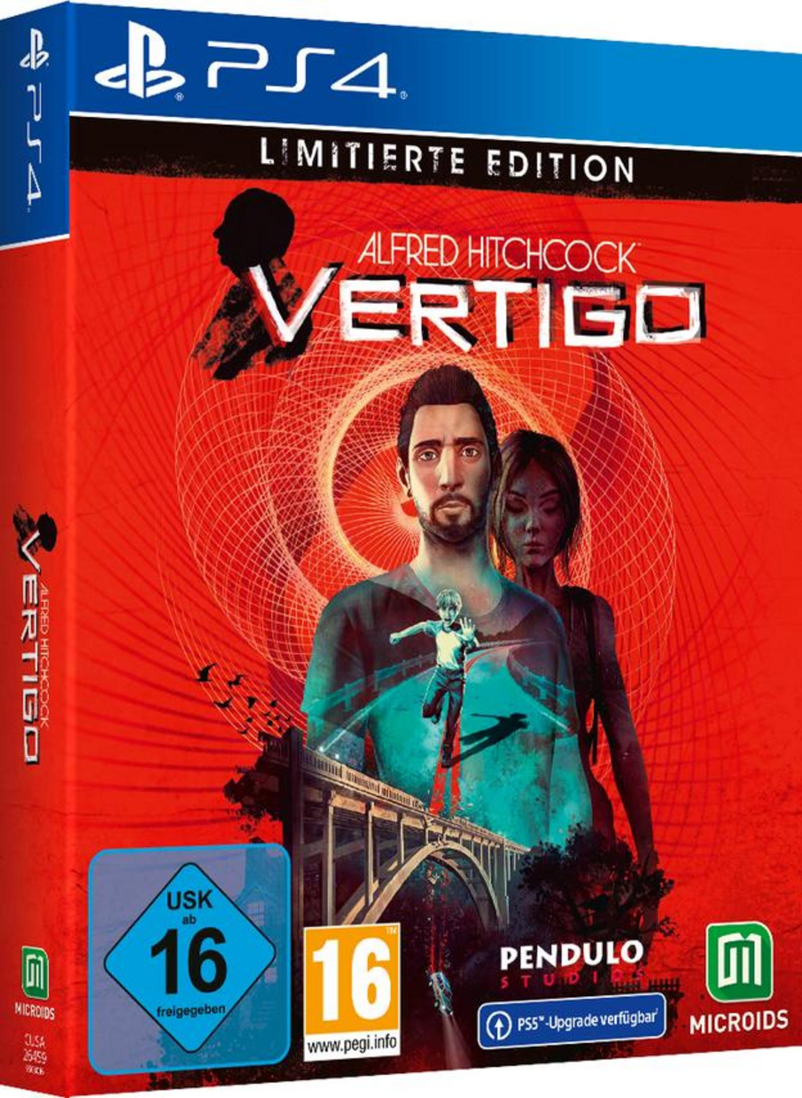 PS4-Spielbox für Alfred Hitchcock: Vertigo, mit Mann und Frau, rotem Hintergrund und Spieletitel.
