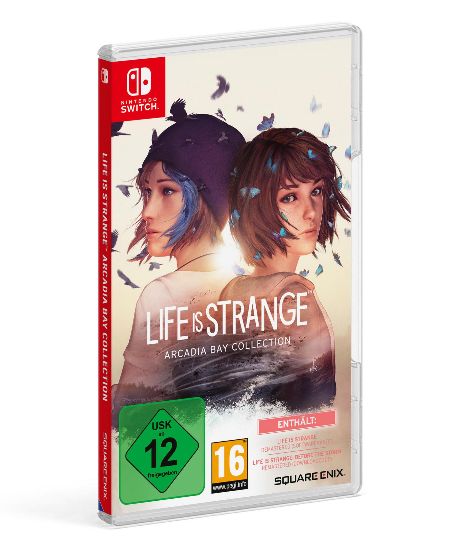 Scatola del gioco Life is Strange: Arcadia Bay Collection. Due ragazze davanti, farfalle intorno a loro.