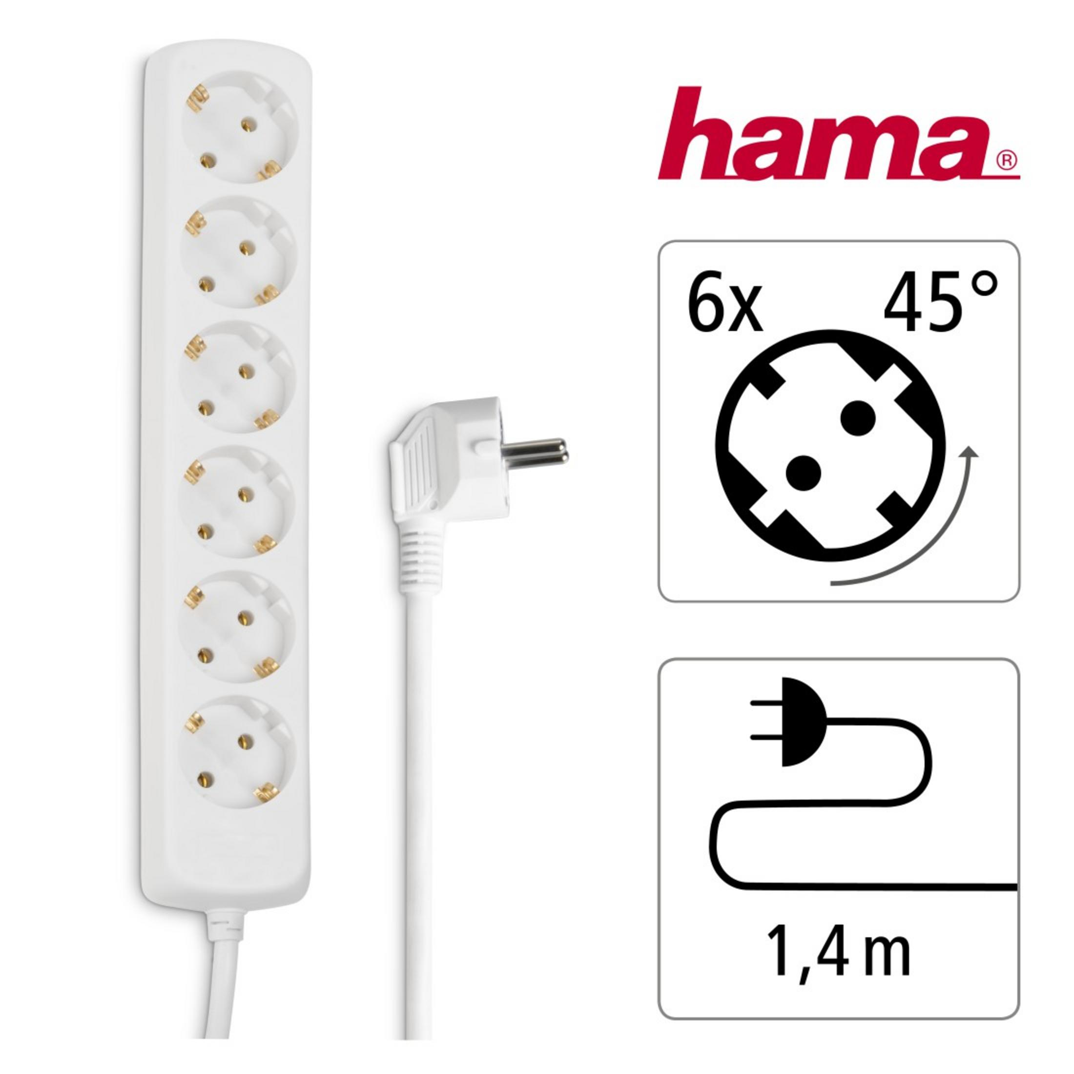Weißes Verlängerungskabel mit 6 Steckdosen und Stecker. Hama Logo ist sichtbar.