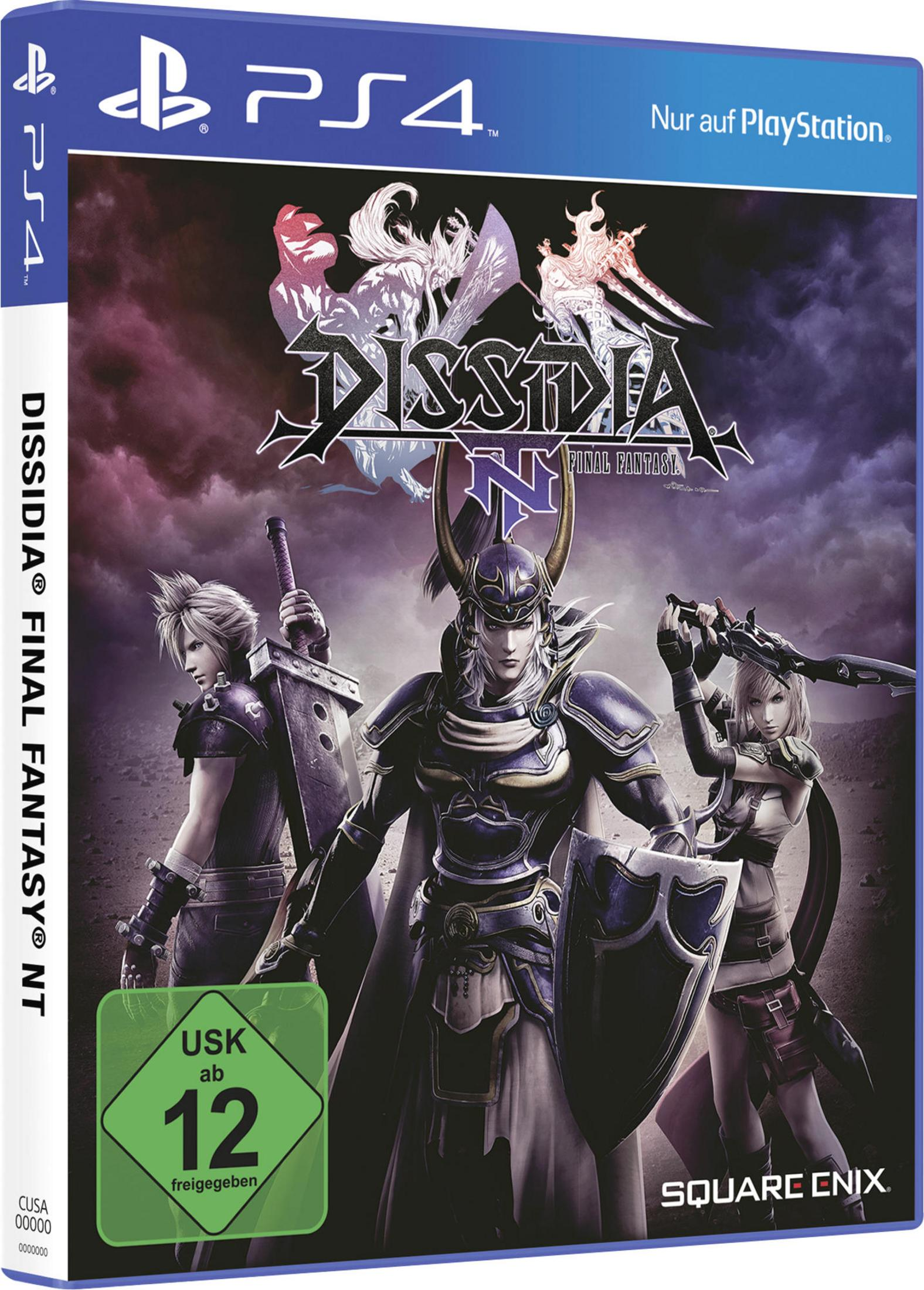 Dissidia Final Fantasy NT-Spielcover. Drei Charaktere schauen nach vorne, Schwert und Schild in der Hand.