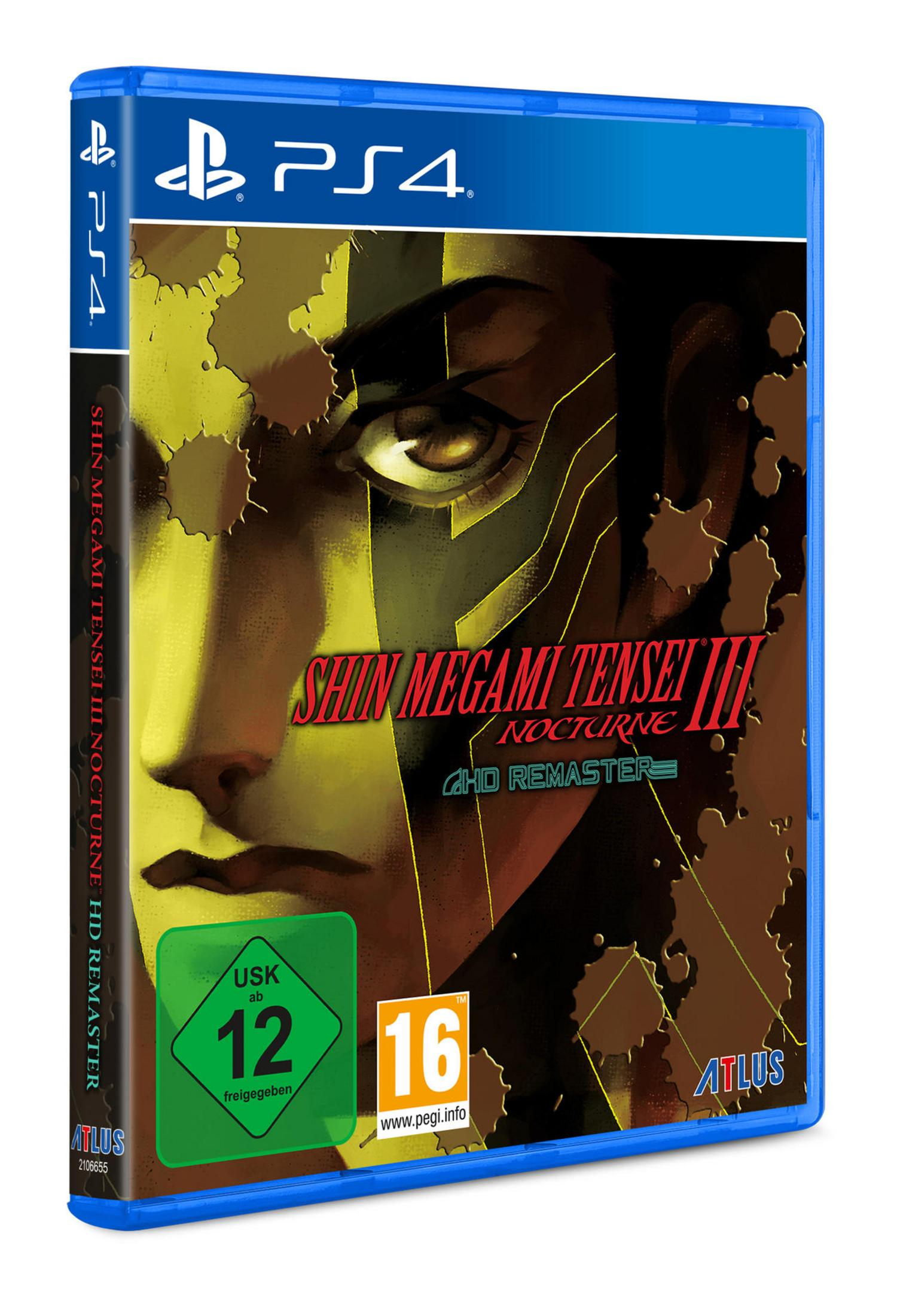 PS4-Spielbox: Shin Megami Tensei III Nocturne HD Remaster. Zeigt das Gesicht einer männlichen Figur.
