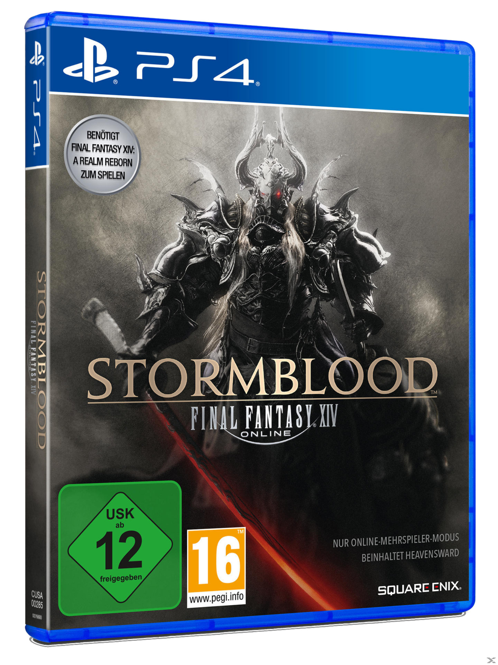 PS4-Spielbox von Final Fantasy XIV: Stormblood. Enthält ein Krieger- und Dämonen-Artwork mit blauem Rand.
