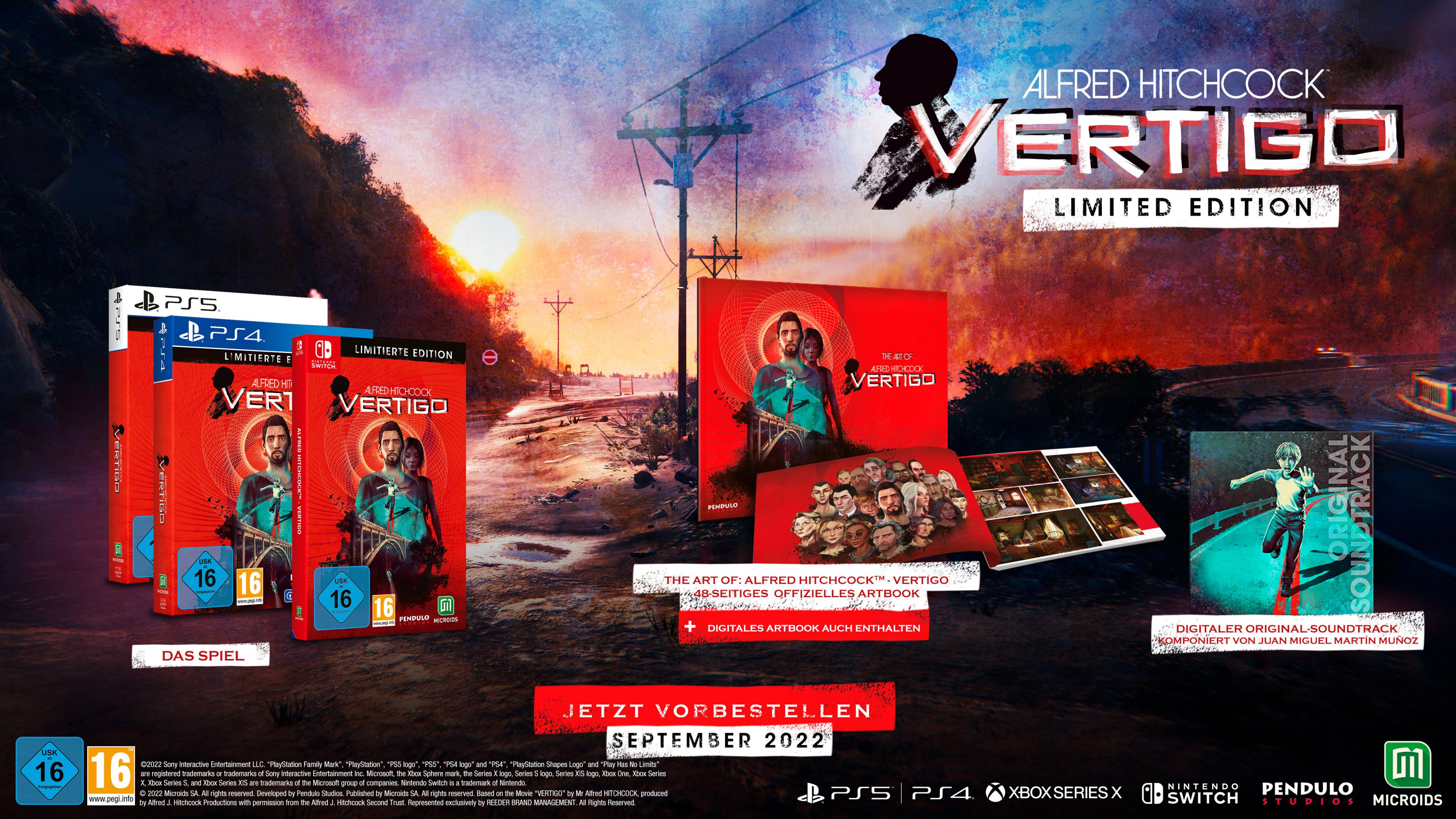 Set di scatole del gioco Vertigo di Alfred Hitchcock. Più elementi, tra cui scatole di gioco e artbook, tema rosso.