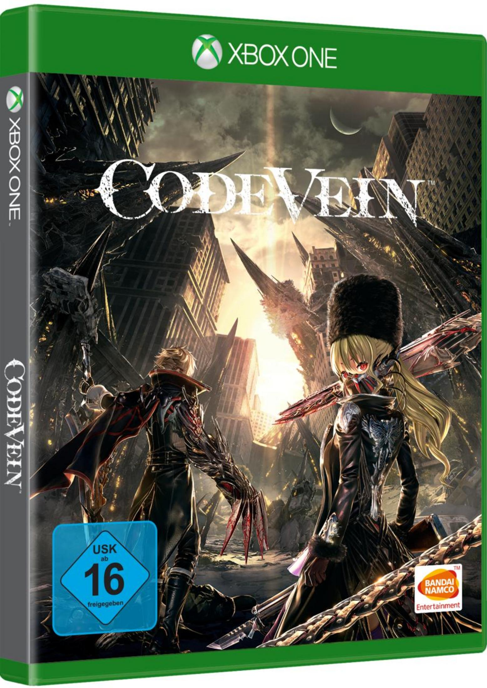 Spielcover 'Code Vein'. Charaktere mit Schwertern, Stadt, grüne Xbox One Hülle.