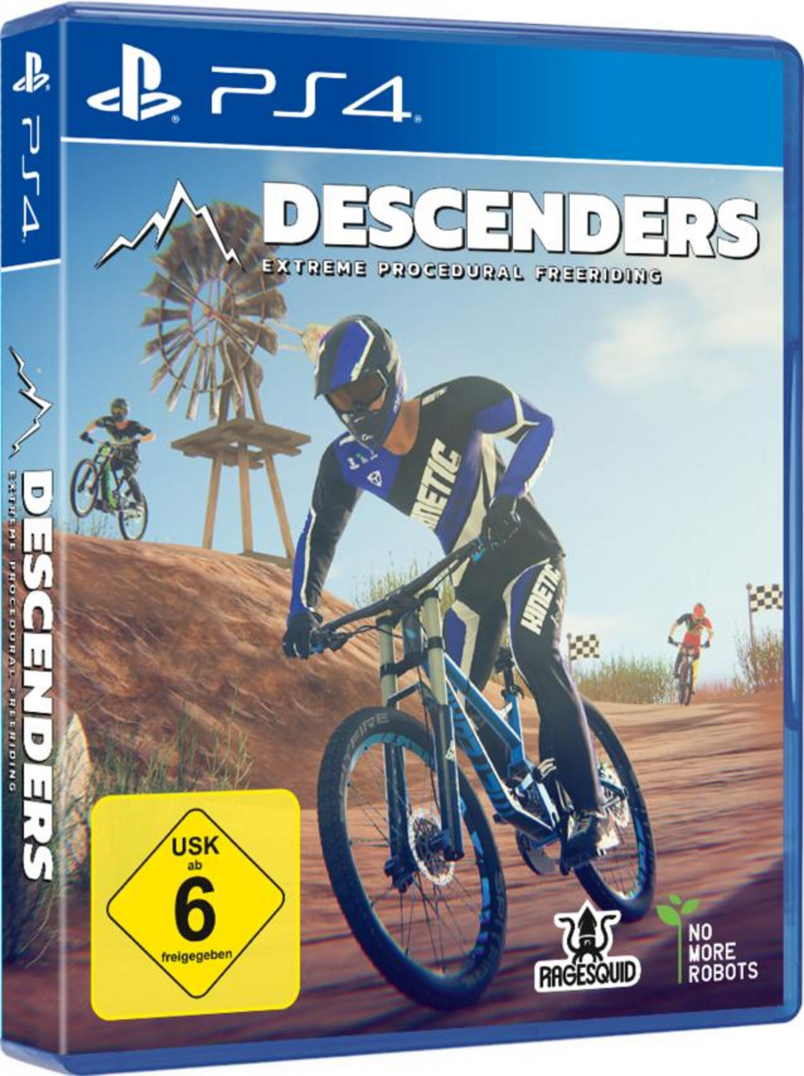 PS4-Spielhülle für Descenders, mit einem Biker auf einem Mountainbike auf einem Feldweg.