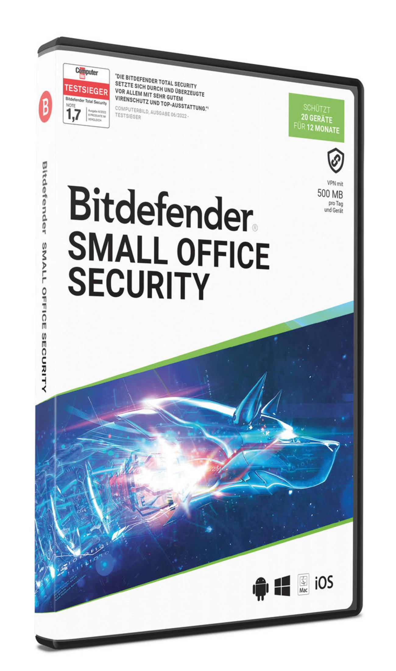 Scatola Bitdefender Small Office Security, bianca e nera, con design blu e verde.