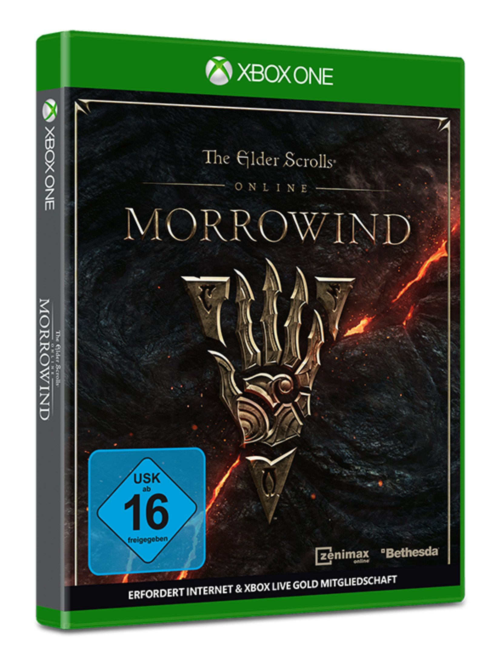 Xbox One Spielebox: The Elder Scrolls Online - Morrowind, mit grünem Rand.