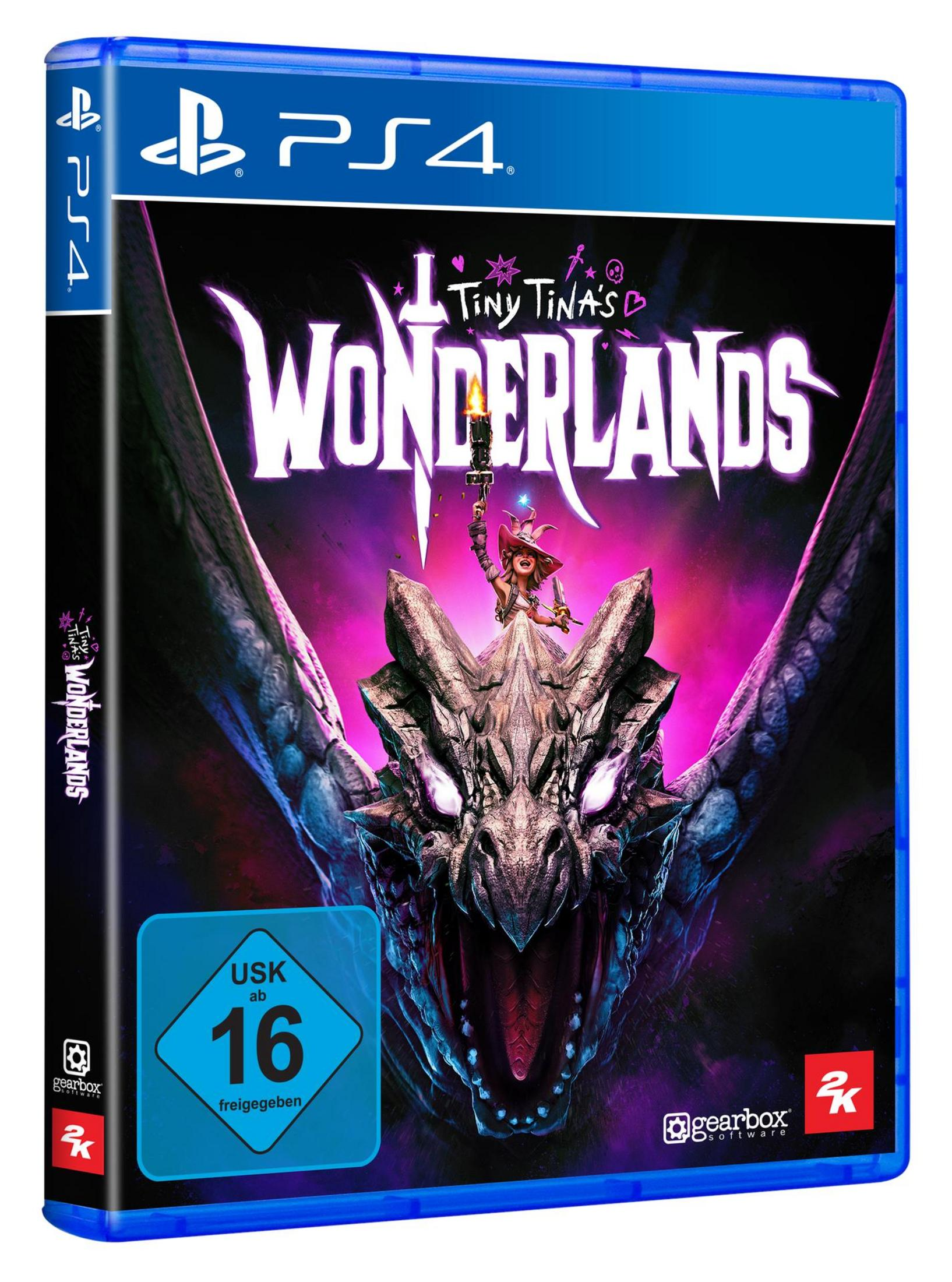 Tiny Tina's Wonderlands-Spielbox. Drache mit Mädchen, das ein Schwert hält, und ein Spiel-Logo.